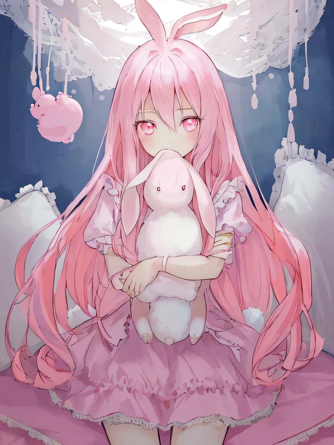beautiful illustrations, highest quality, pretty girl, pastel colour, pink long hair, Hold the stuffed rabbit in front of your face, bright lighting, Pale pink eyes