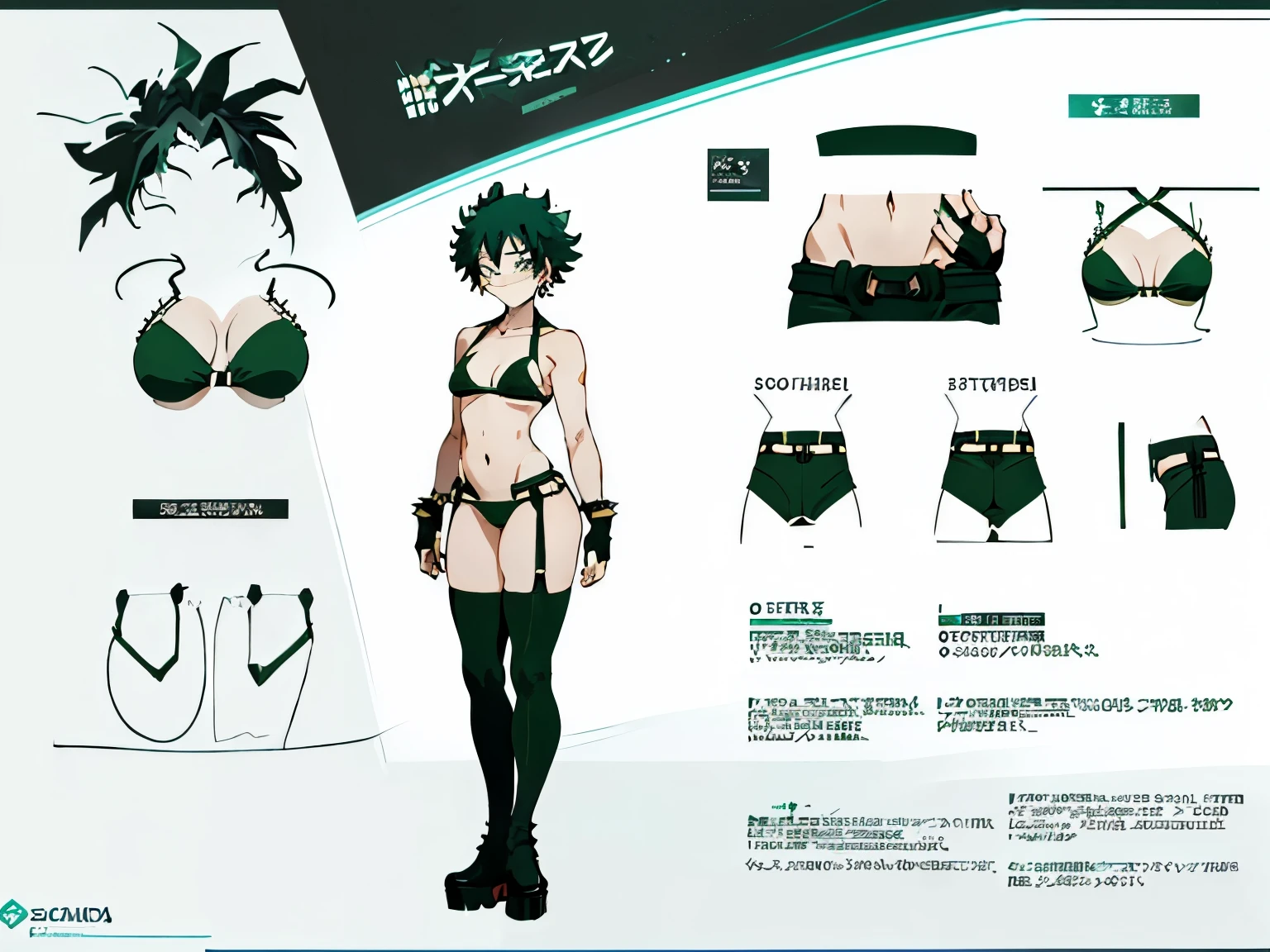 ((three sided view)), ((full bodyesbian)), (Simple background), ((multiple views)), ((High resolution)), ((concept art of character)), ((Character Design Sheet)), (Same role), (frontage), (Lateral face), (on back), (simplebackground), (white backgrounid:1.3), ((((My Hero Academia Style)))), (Inko Midoriya), 1Girl, Goth Woman, ((pale skin)), black lipstick, ((((long straight black green hair with bangs))), choker with spikes, black clothes, big breasts, thin waist, wide hips, attractive face, (((big black platform combat boots))), ((((black Chaps with exposed crotch)))), (((green thong))), (((exposed crotch with thong))), (((green tube top))), ((exposed collarbone)), ((exposed shoulders)), abs, ((slightly marked musculature)), ((Bracers studded with spikes)), ((Black fingerless gloves)), ((exposed belly)), ((((full body photo:1.5)))), ((green bikini)),