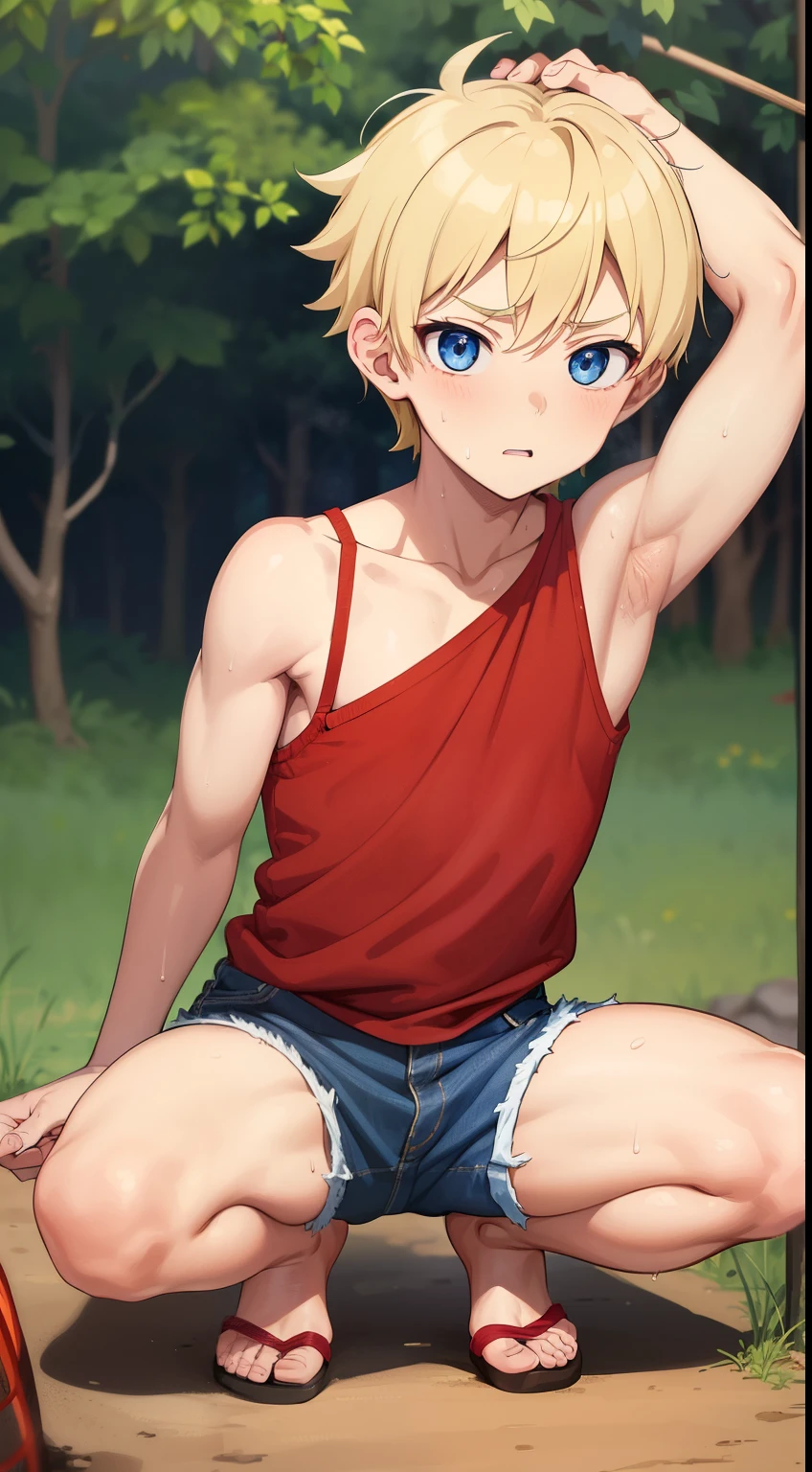 1boy, only、Man's,a blond、short spiky hairstyle、Cat's ears、 Collar,Naked towel,With puffiness、Magic Hour,Backlighting,lake,steam ,Trees、AngelT、birds,dark scenary、hightquality、masutepiece,hight resolution、NSFW,