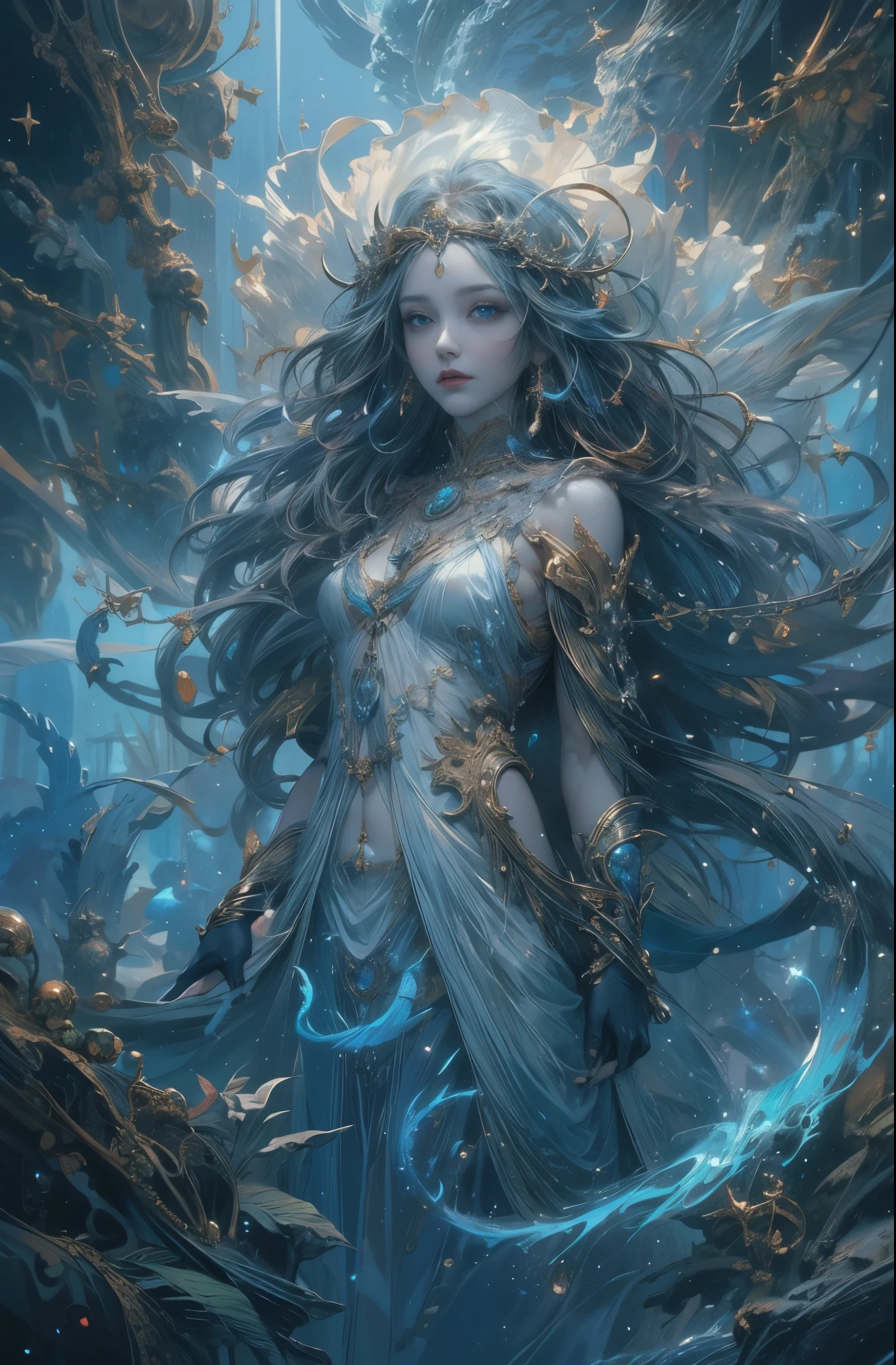 water spirit, Tethys, goddess of the sea, Guardian of the seas, sacred, Mystery of the Deep Sea, Majestic, dignity, 4K fantasy art, Written by Gene Jay., fantasy art style, 2. 5D CGI Anime Fantasy Artwork, epic fantasy art style hd, Epic fantasy digital art style, detailed fantasy art, Detailed digital 2D fantasy art, Luan Jia and Artgerm, 8K fantasy art, sharp outline, very fine and beautiful eyes, Beautiful and delicate blue eyes, pretty much beautiful face, unparalleled beauty, masterpiece, highest quality, perfect angle, perfect composition, best shot, official art, cinematic light, very beautiful and fantastic scenery, chivalry dream, sense of presence, Michael'S letter, Christoph Huge 、Ultra-precision coating, Luminousism, art by Carne Griffiths and What a bone concept art, 4K resolution, Fractal isometricdetailed bioluminescence , 3D rendering, octane rendering, intricately detailed , cinematic, Trending isometric surreal cover photos、art station'amazing full color, handwritten, Defining a hit , cinematic,amazing background, abstract beauty,stand, approaching perfection, pure form, golden ratio, minimalistic, unfinished, concept art, Written by Brian Froud、khan griffith、What a bone、john william waterhouse, intricate details, 8K post production, High resolution, hyper detail, art stationのトレンド, studio photography, intricate details, Very delicate and detailed painting style, Beautiful painting art, greg latkowski, Close-up, female solo
