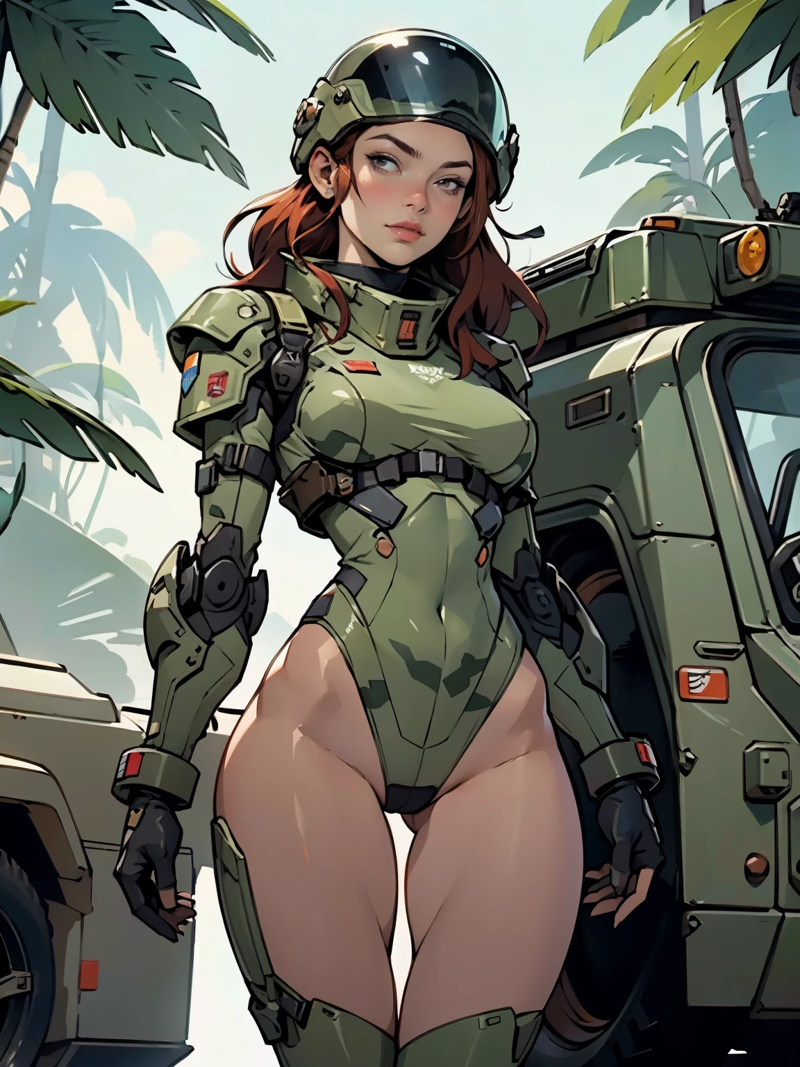 1woman 20 years old, military, wearing a soldier helmet, beautiful, perfect body, realistic, red hair, perfect body, thin waist, full outfit, large breasts, slim thighs, jungle background, armored vehicle, flying fighters, military robot dog, camouflaged uniform, wealth of details, tight panties marking on the front, head to toe, highly detailed, high resolution, prefect hands, slender thighs, thigh gap