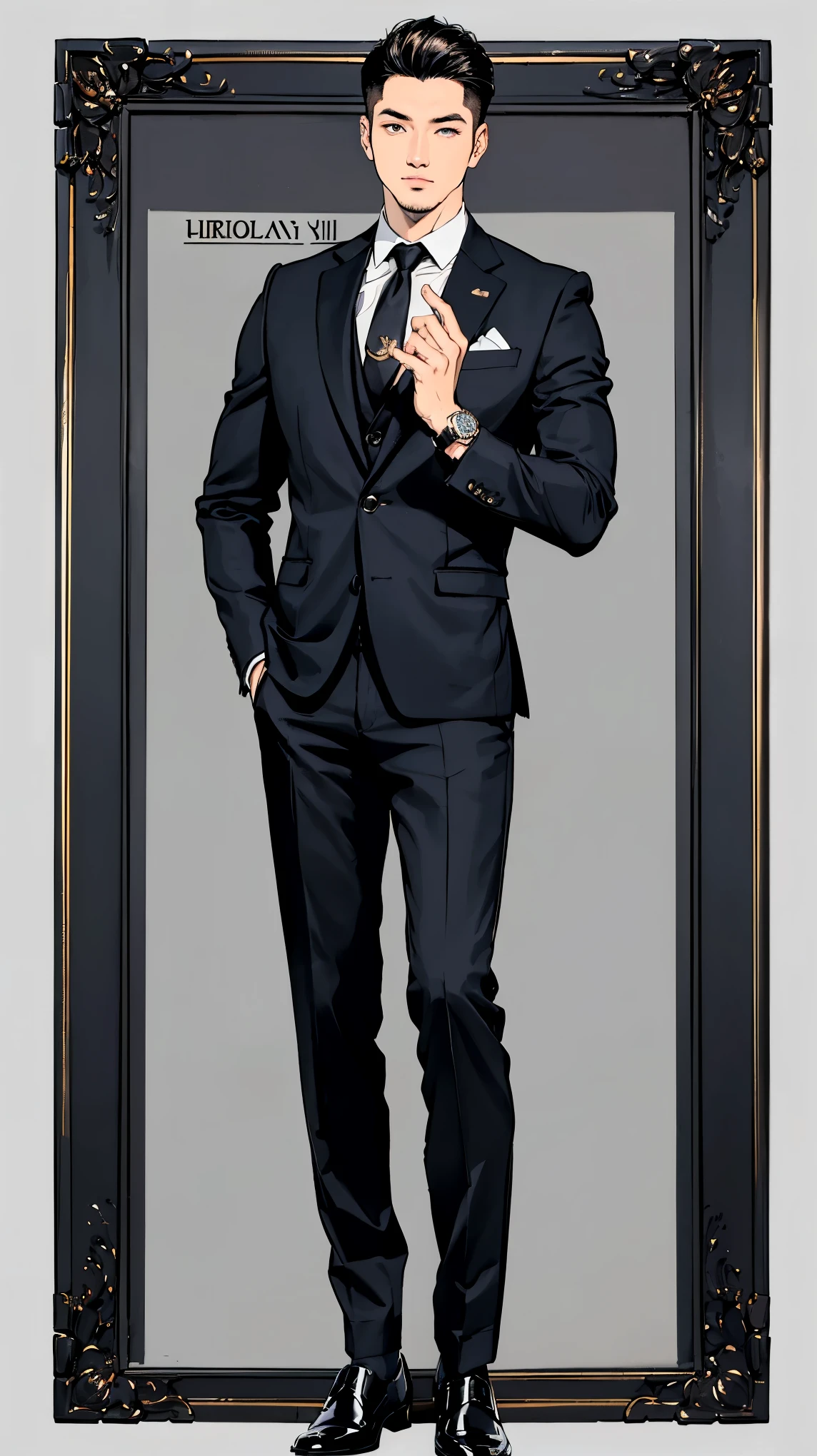 ((best quality,4k,highres,masterpiece:1.2)),((character concept art)), 1 male, age 32, Korean. Known for his calm and professional demeanor, embodies the role of a bodyguard. His body language is as commanding as his profession, always exuding confidence and readiness. He's usually seen in an Armani Tailored 3-Piece Suit, that lends a professional and stylish appearance. The outfit is complemented by Black Dress Socks and John Lobb Bespoke Black Oxford Shoes, known for their premium quality and classic design. He also sports a Rolex Submariner Wristwatch, a timeless accessory that adds a touch of luxury. ((intricate detail)), super finely detailed hands, ultra finely detailed fingers(((ten fingers))), (standing still confidently), (full body showcase), (show full body), (no logos on background), (no logo), ((plain background)), ((plain background)), (((empty background))).