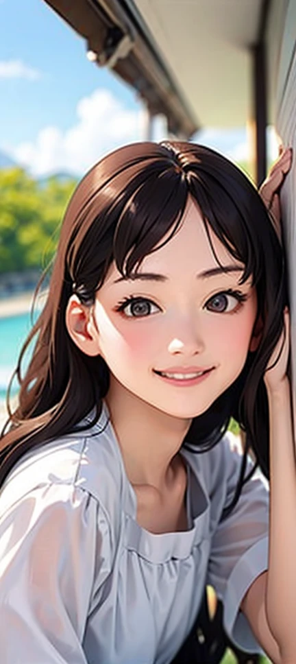 highest quality、realistic、Japanese、girl、cute、smile、long hair、、black hair、white dress、Ocean、brown eyes、smile、exposed forehead、12 years old