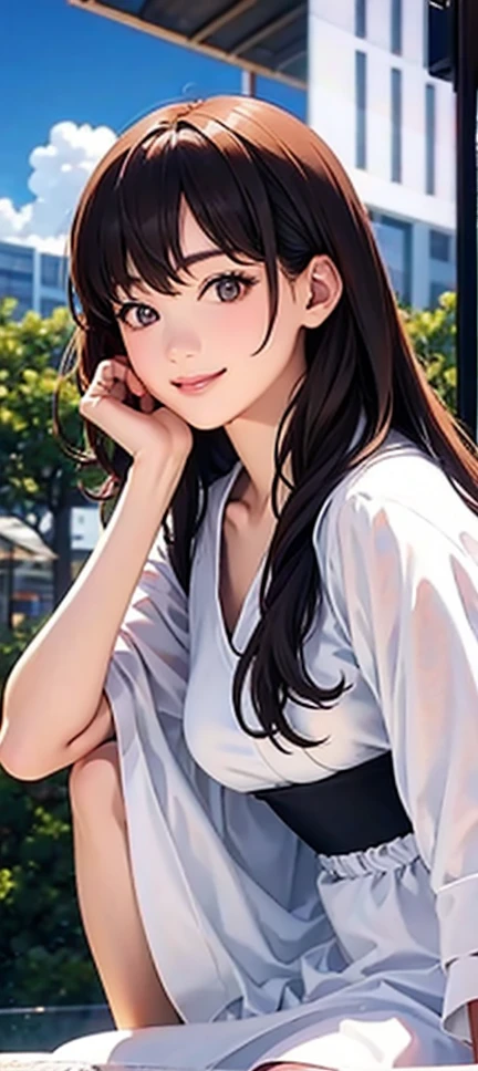 highest quality、realistic、Japanese、girl、cute、smile、long hair、、black hair、white dress、Ocean、brown eyes、smile、exposed forehead、12 years old