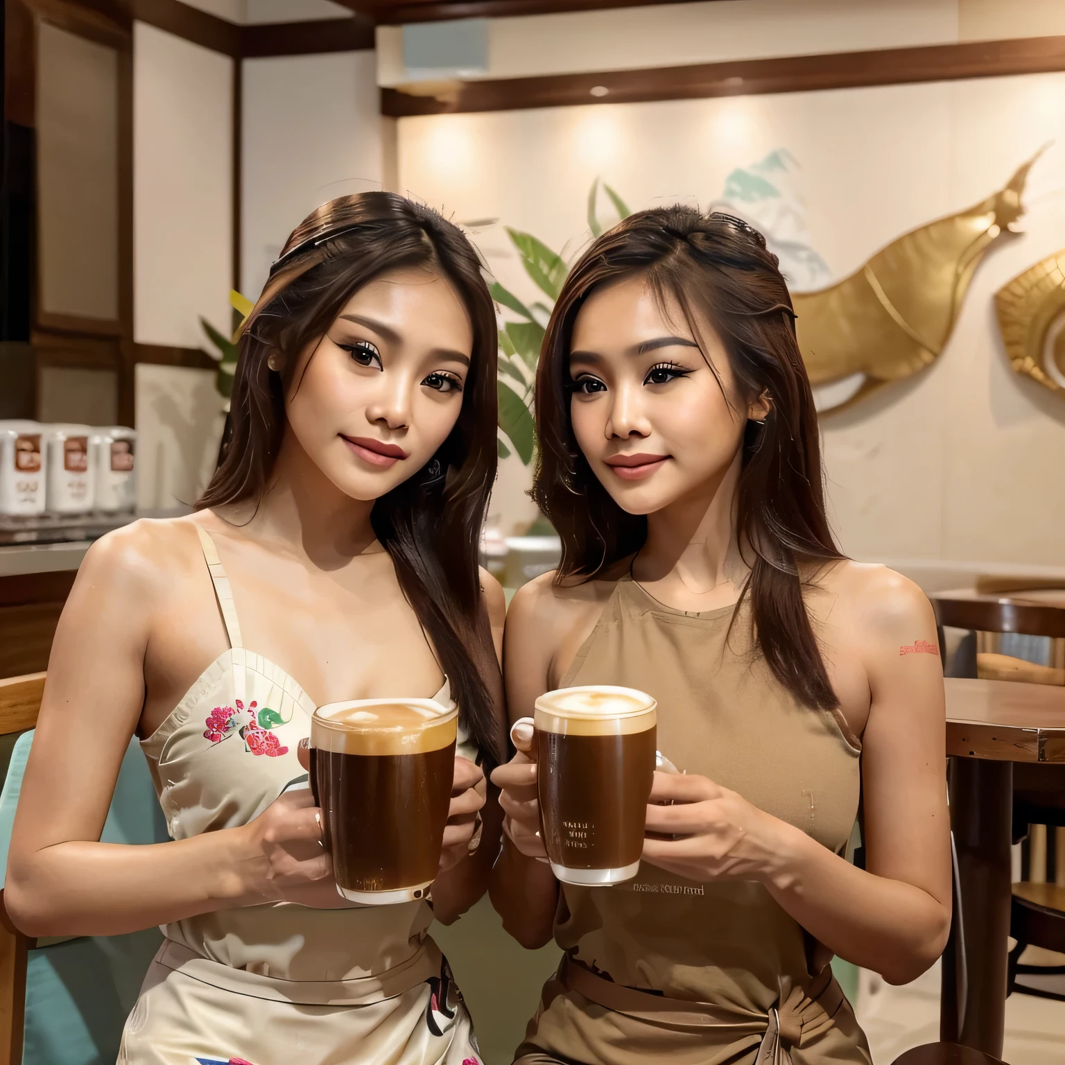 Masterpiece、Highest Image Quality:1.2、((2 beautiful Thai women also))、Clear Skin:1.2、{Slight Smile}、(Cute)、Cafe、、Depth of Field  Each person has a coffee cup in their hand and is taking a selfie with the coffee cup.  Selfie together, two girls in the same frame