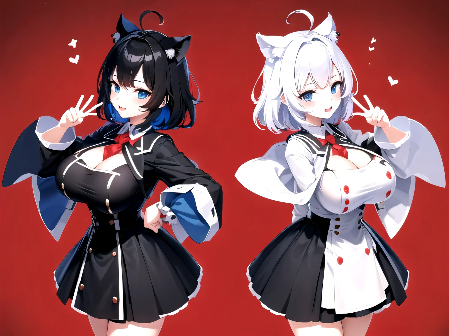 ((upright)), ((arm to the side)), looking at the viewer, simple background、white background, 1 girl, open your mouth, smile, Virtual YouTuber、with a girl、((highest quality, expensive_solve, clear_image)),(black hair), (black cat ears), (Ahoge), (ridiculously short hair), (wavy hair),Red earring color (blue eyes),、laughter、very big breasts、whole body、I can see the cleavage、Dressed in student uniform、character sheet,character reference sheet, character design sheet, ((View from the front, side view)) symmetrical elements of clothing,