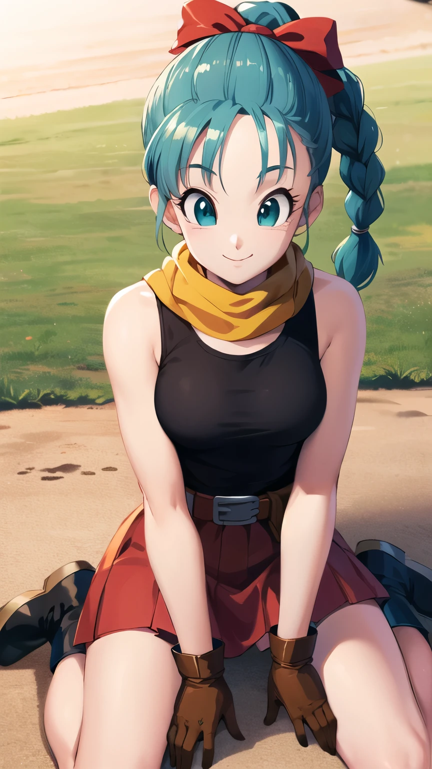 masterpiece, best quality, highres, dragon ball, blmpony, aqua hair, hair ribbon, braided ponytail, Tank top, belt, scarf, red skirt, clothes, brown gloves, medium breasts, wariza,look at viewer,smile