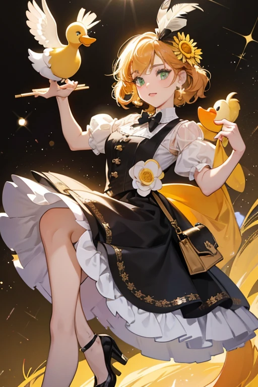 Daisy is an anthropomorphic American Pekin Duck, and her height is similar to that of Donald Duck. Her feather color is lighter, and she has a shorter and slightly more orange bill than most other ducks featured on the show. Her hair is styled in a sort of fluffy, soft, and swirly kind of way with a ribbon bow tied around it. She has light-green eye shadow as well as mascara. She carries a handbag which has a similar color to her eye shadow. She wears black high-heeled shoes with bows on them and ankle bands. Daisy has thinner webbed feet. SPARKLE; GLITTER
