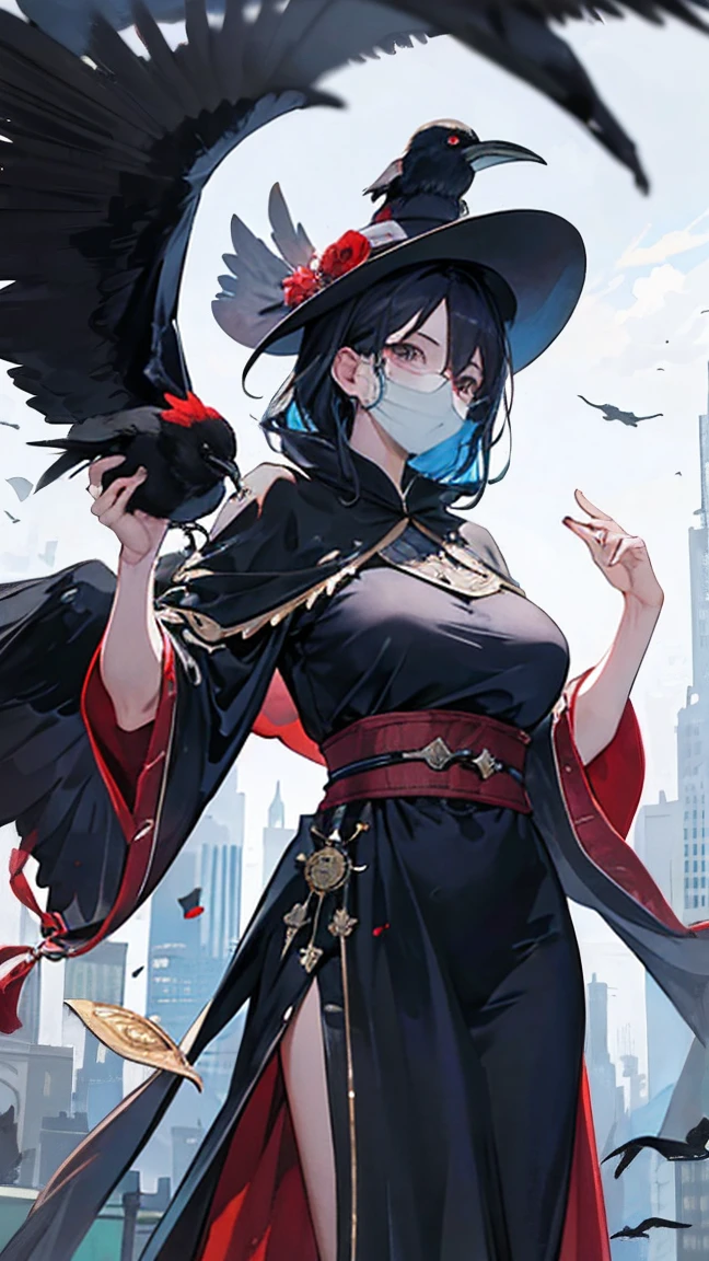 (masterpiece, Best Illustration,) middle Ages, beak mask, black robe, city background, doctor, masked, one person, Clear, fine motor, Wearing a hat with a brim, Glasses, able&#39;Can&#39;t see eyes, hand stops crow,big breasts