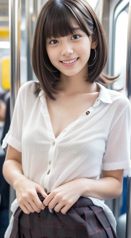 (In 8K、RAW shooting、highest quality、Masseter muscle part:1.2)、Super detailed、super resolution、(realistic、realistic pictures:1.37)、portrait、High-definition RAW color photo、professional photography、hvery detailed and beautiful、very detailed、8k wallpaper、amazing details、huge file size、official art、Hvery detailed CG Unity 8K wallpapers、hvery detailed beautiful girl、very detailed顔、very detailed目、very detailed肌、とてもthin指、hvery detailed nose、very detailed詳細な口、perfect anatomy、detailed background、detailed clothing、1people々々々々々々々々々々々々、(20:1.2)、20's、cute、realistic body、、white skin、glowing skin、because I'thin、messy short brown hair、(messy bangs: 1.5)、Nogizaka beautiful girl、cute顔、lifelike face、delicate eyes、ordering sauce、((See-through white button-down shirt))、((mini pleated skirt))、((barefoot))、((full body shot))、earrings、necklace、((turn around and look at the guy))、cowboy shot、contrapo、dynamic lighting、((B Cup Milk、淡いピンク色の乳head))、((in a crowded train))、((男性のpeople々々々々々々々々々々々々1people々々々々々々々々々々々々))、((30:1.5))、((man hugs her from behind))、((man opens his shirt、expose her breasts))、((put one'put your arm around a man'head))、((A man is grabbing her chest))、((standing athletic pose))、((Milk is visible))、(mini skirt swing sexund: 1.3)、(white swoop open shirt:1.3)、((shy smile))、((she turns around and kisses the man))、((male perspective))、