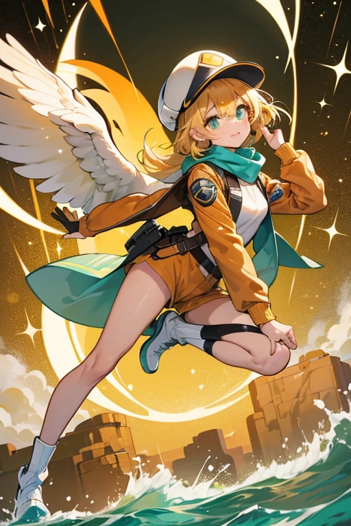 Della Duck is a white anthropomorphic duck with shoulder-length hair and swoop-bangs. She has a yellow-orange bill, legs, and feet, and a bionic left leg. She is known to wear a brown flight jacket, a sea-green shirt, tan shorts, a brown flight helmet, black goggles, and a light blue scarf. SPARKLE; GLITTER