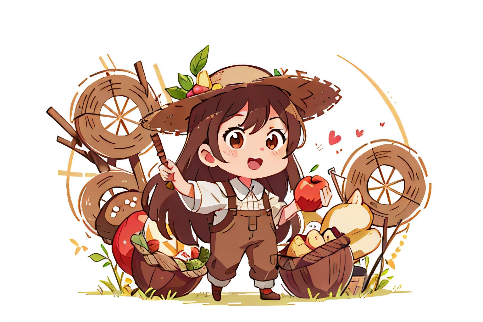 Girl with long brown hair,Put on the farmer suit,(With straw hat),in apple orchard,colorful,Dance(with love)happy,apple(surrounded by love),O sign,vector,line art,design,inspiration,straight line,RHAD