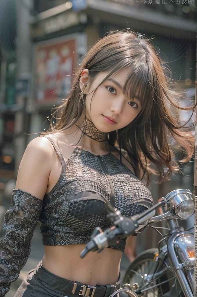 Close-up of a cute Japanese girl riding a motorcycle、Leather jumpsuit、Big bike with sidecar、