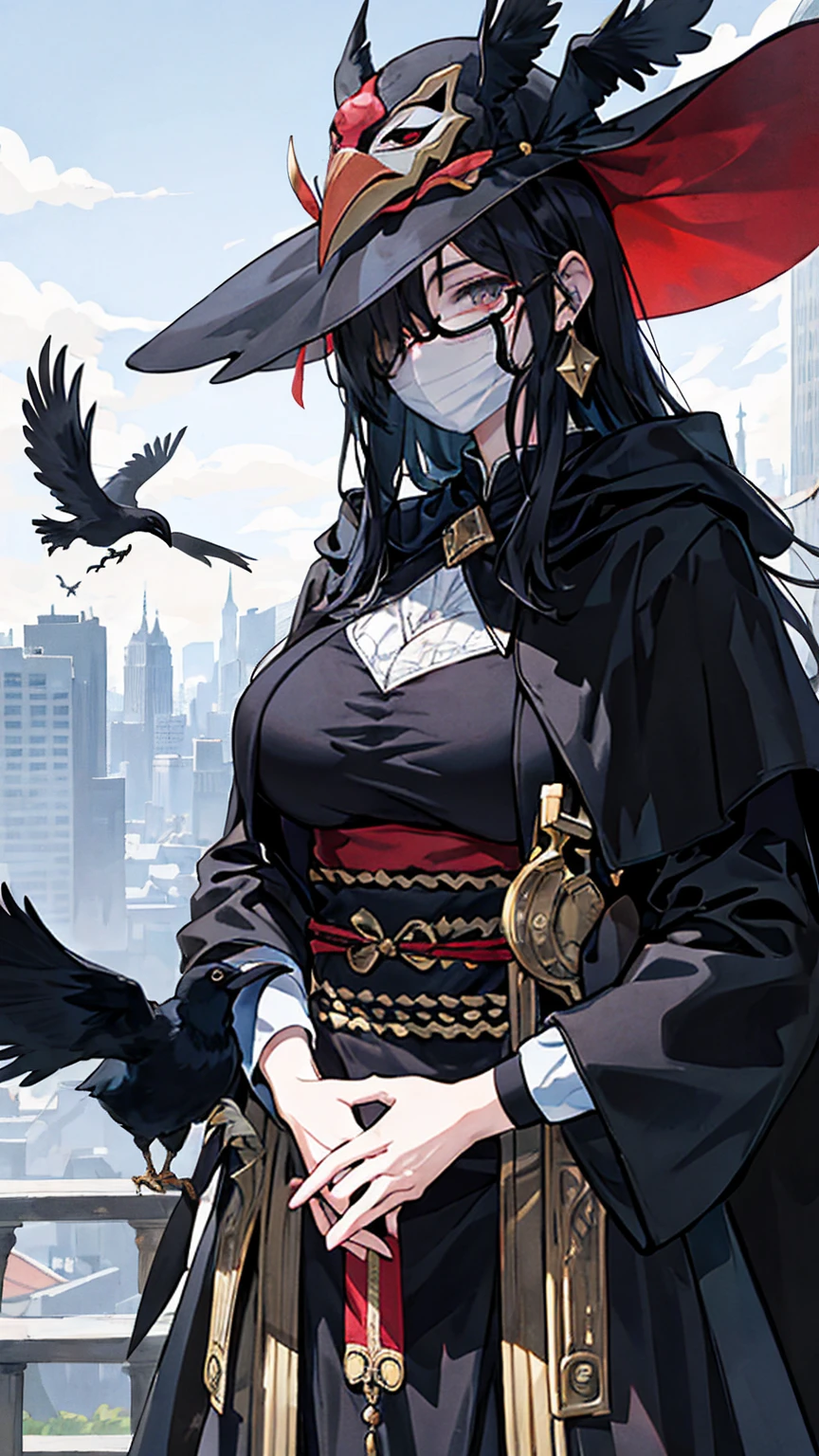 (masterpiece, Best Illustration,) middle Ages, beak mask, black robe, city background, doctor, masked, one person, Clear, fine motor, Wearing a hat with a brim, Glasses, able'Can't see eyes, hand stops crow,big breasts