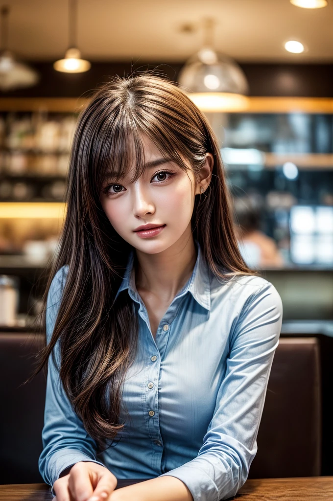 table top, highest quality, realistic, Super detailed, finely, High resolution, 8k wallpaper, 1 beautiful woman,In casual business attire, at the cafe, messy hair, perfect dynamic composition, finelyて美しい目、(((超highest quality, masterpiece))), (((very detailed)))