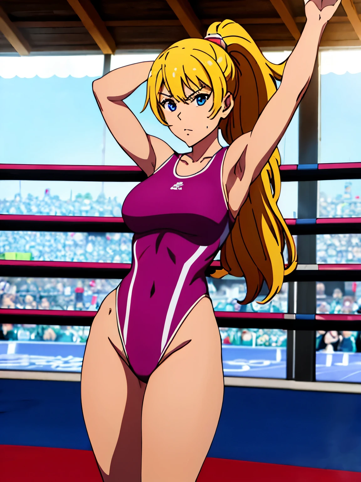 ((Best quality)), ((masterpiece)), ultra detailed face, ((1 girl)), female wrestler, one-piece competition swimsuit, athletic supporters, ((wrestling ring)), ponytail,milf, 30s, sweaty armpit, very sweaty, standing, victory pose, looking at viewer, highleg, serious, determined, victorious, 