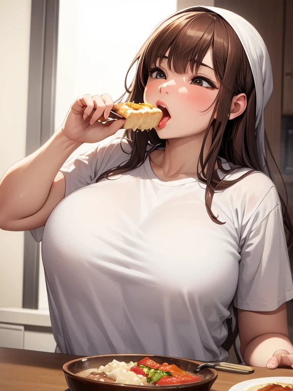 make that brownhaired girl fatter than 70kg while she eat