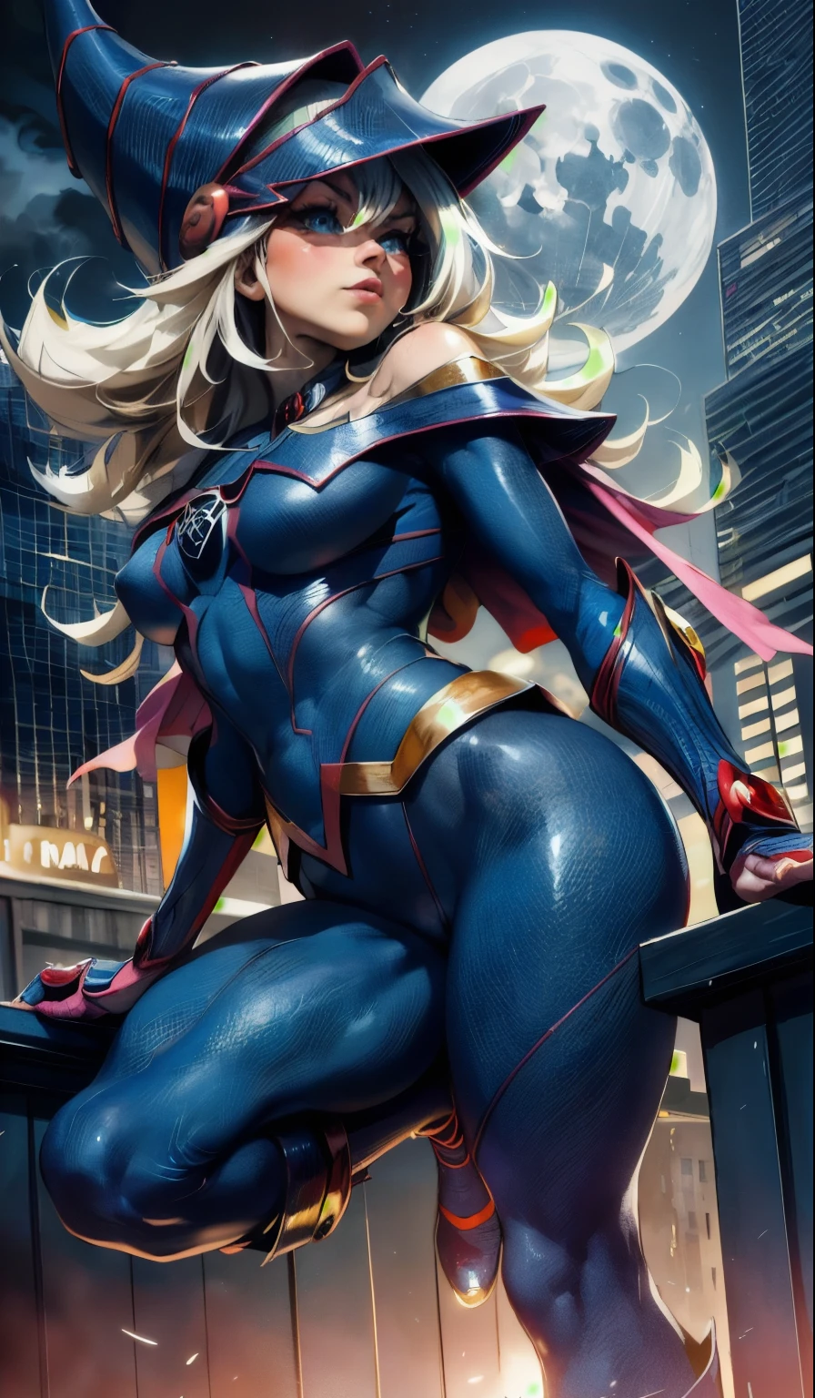 Dark magician gils spiderman version (obra maestra, 4K resolution, ultrarrealista, Muy detallado), (White superhero theme, charismatic, hay una chica en la cima de la ciudad, vistiendo disfraz de Spider-Man, she is a superhero), [ ((25 years), (pelo largo y rubio:1.2), cuerpo completo, (blue eyes:1.2), ( saltando de un edificio a otro), ((entorno urbano arenoso):0.8)| (paisaje urbano, por la noche, dynamic lights), (Luna llena))] # Explanation: The message mainly describes a 4K ultra high definition painting., Muy realista, Muy detallado. Shows a superheroine on top of the city., vistiendo un disfraz de Spider-Man. The theme of the painting is a superhero theme. Pose sensual y inocente 