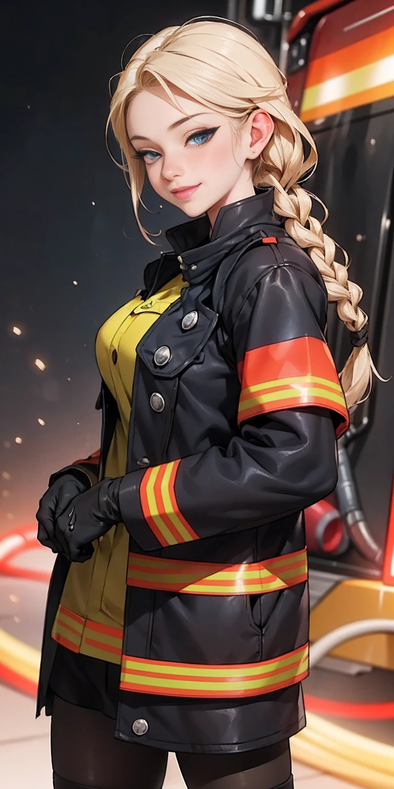 (nsfw, vulgar art:1.2), (2d style:1.2), (artwork:1.2), (lineart:1.33), , by (Satoshi Kon:1.2) BREAK, best quality, masterpiece, 8k, (hdr:1.1), (cinematic:1.2), (firefighter's outfit, firefighter's outfit:1.4), (medium breast:1), elsa of arendelle, long hair, smile, blue eyes, (blonde hair:1.3), braid, single braid