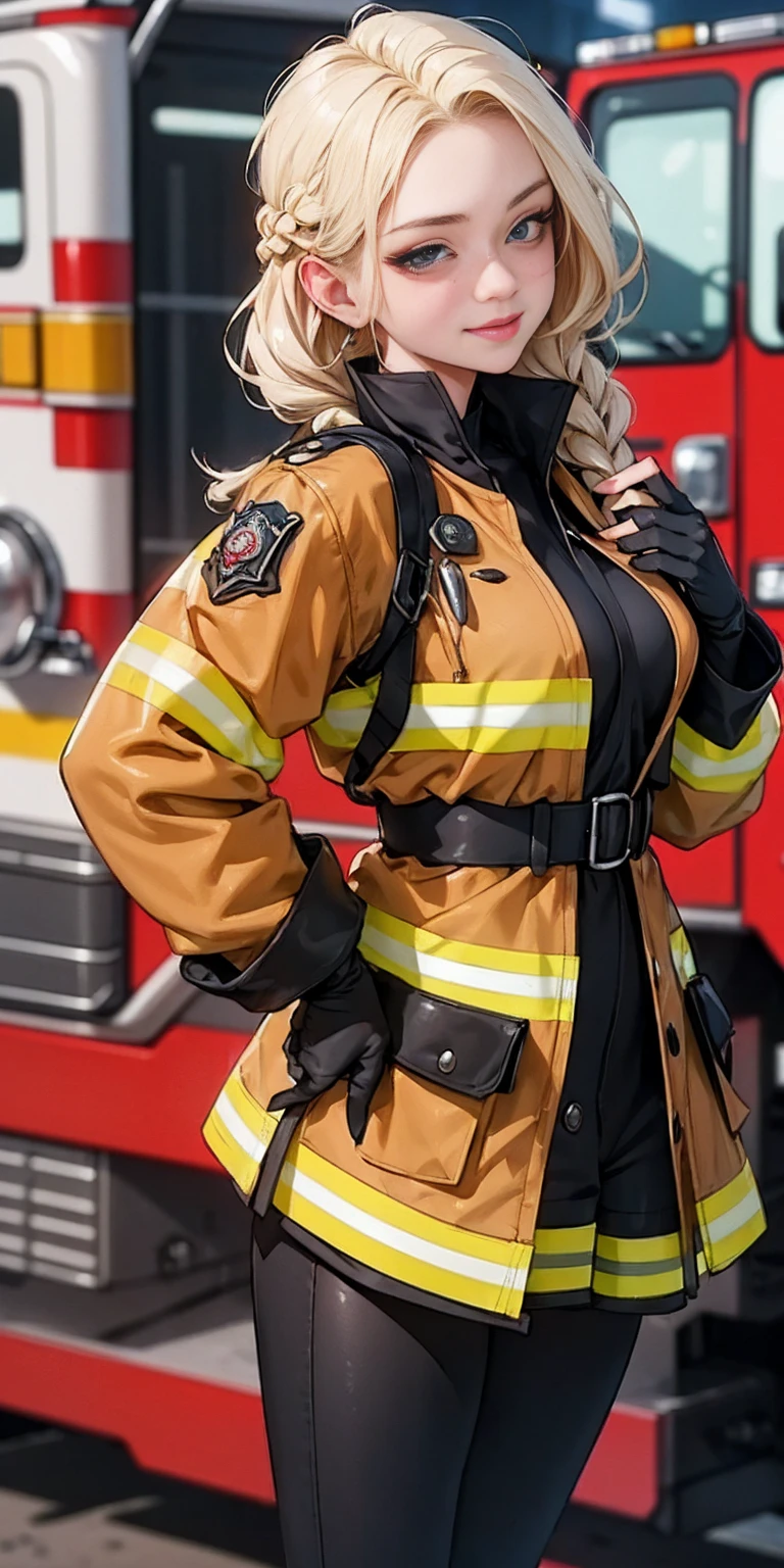 (nsfw, vulgar art:1.2), (2d style:1.2), (artwork:1.2), (lineart:1.33), , by (Satoshi Kon:1.2) BREAK, best quality, masterpiece, 8k, (hdr:1.1), (cinematic:1.2), (firefighter's outfit, firefighter's outfit:1.4), (medium breast:1), elsa of arendelle, long hair, smile, blue eyes, (blonde hair:1.3), braid, single braid
