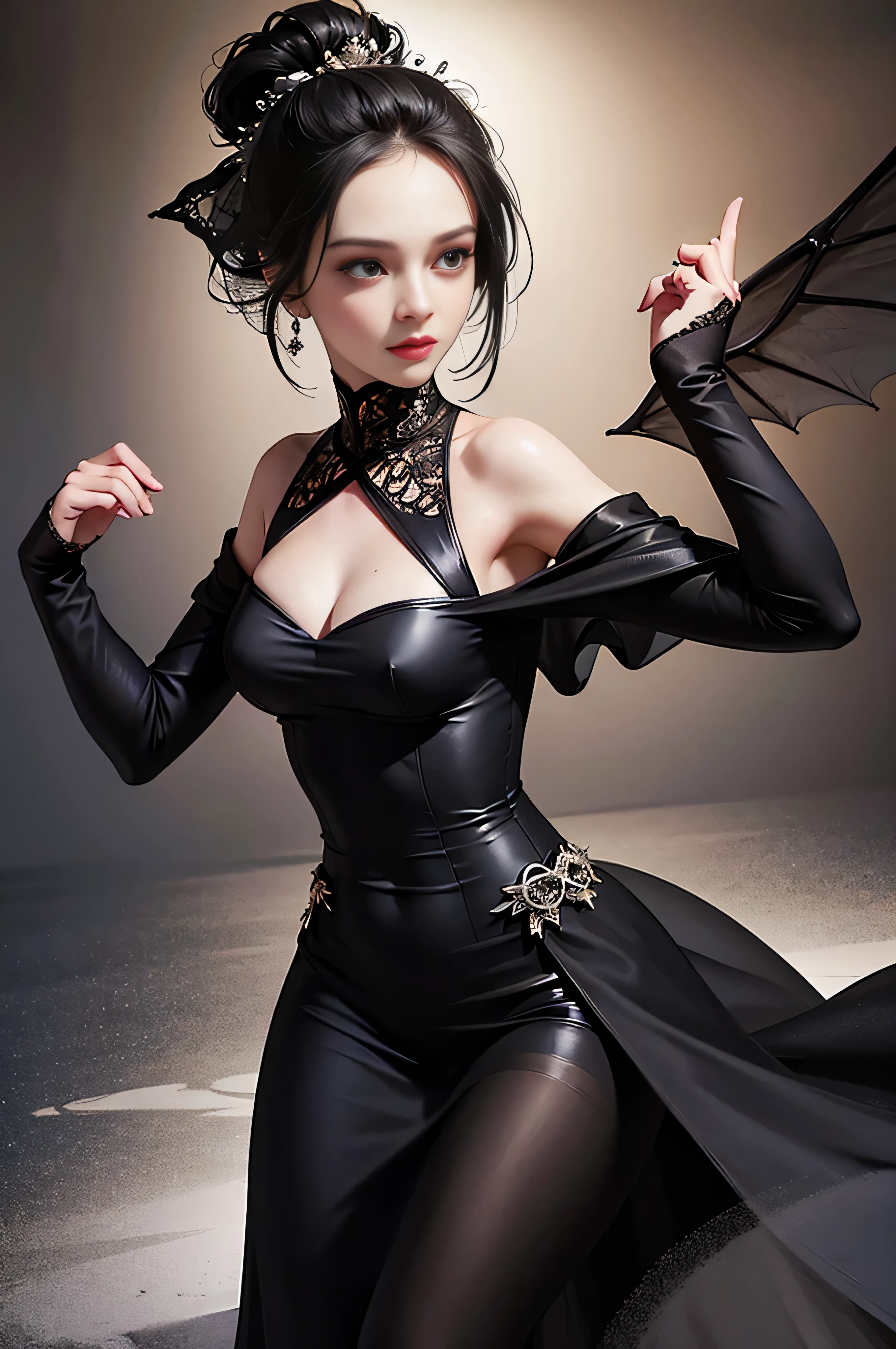 (skindentation:1.5), Realistic, Photorealistic, (masterpiece:1.5), concept art, intricate details, highly detailed, photorealistic, octane render, 8k, dynamic pose, best quality, highres, (realistic face:1.1), (hyperrealistic:1.1), (((full_body))), perfect eyes,(shiny skin:1.2), perfect hand, perfect fingers, extremely detailed background, ((devilish eyes)), ((1girl)), ((wearing black long silky dress)), ((detailed eyes, high quality eyes, high quality face)), long black hair, messy ponytail, dramatic, depth of field, bokeh, 4k, beautiful bride, (((dancing))), (((black long chiffon wedding dress))), turtle neck, ((((bride)))), lace long sleeves