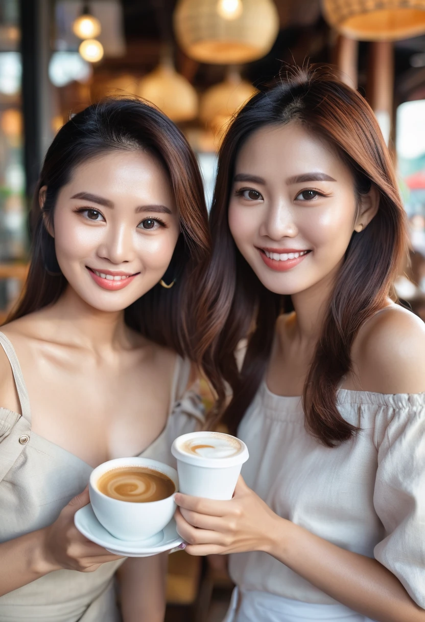 Masterpiece、Highest Image Quality:1.2、((2 beautiful Thai women also))、Clear Skin:1.2、{Slight Smile}、(Cute)、Cafe、、Depth of Field Each person has a coffee cup in their hand and is taking a selfie with the coffee cup. Selfie together, two girls in the same frame