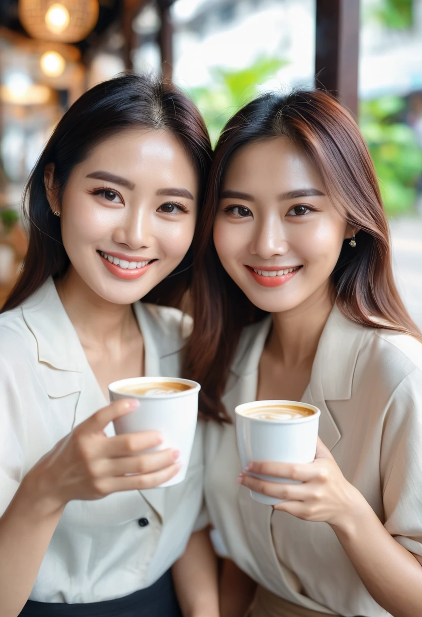 Masterpiece、Highest Image Quality:1.2、((2 beautiful Thai women also))、Clear Skin:1.2、{Slight Smile}、(Cute)、Cafe、、Depth of Field Each person has a coffee cup in their hand and is taking a selfie with the coffee cup. Selfie together, two girls in the same frame