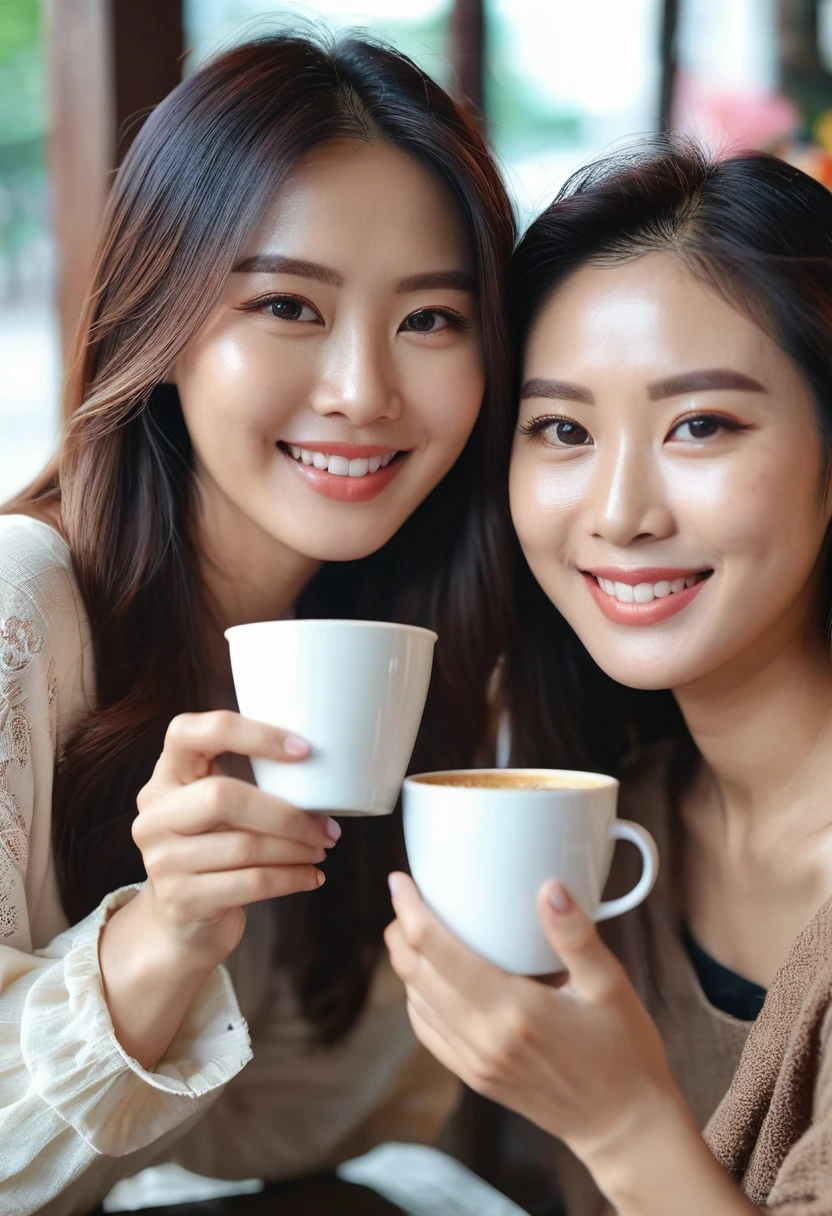 Masterpiece、Highest Image Quality:1.2、((2 beautiful Thai women also))、Clear Skin:1.2、{Slight Smile}、(Cute)、Cafe、、Depth of Field Each person has a coffee cup in their hand and is taking a selfie with the coffee cup. Selfie together, two girls in the same frame