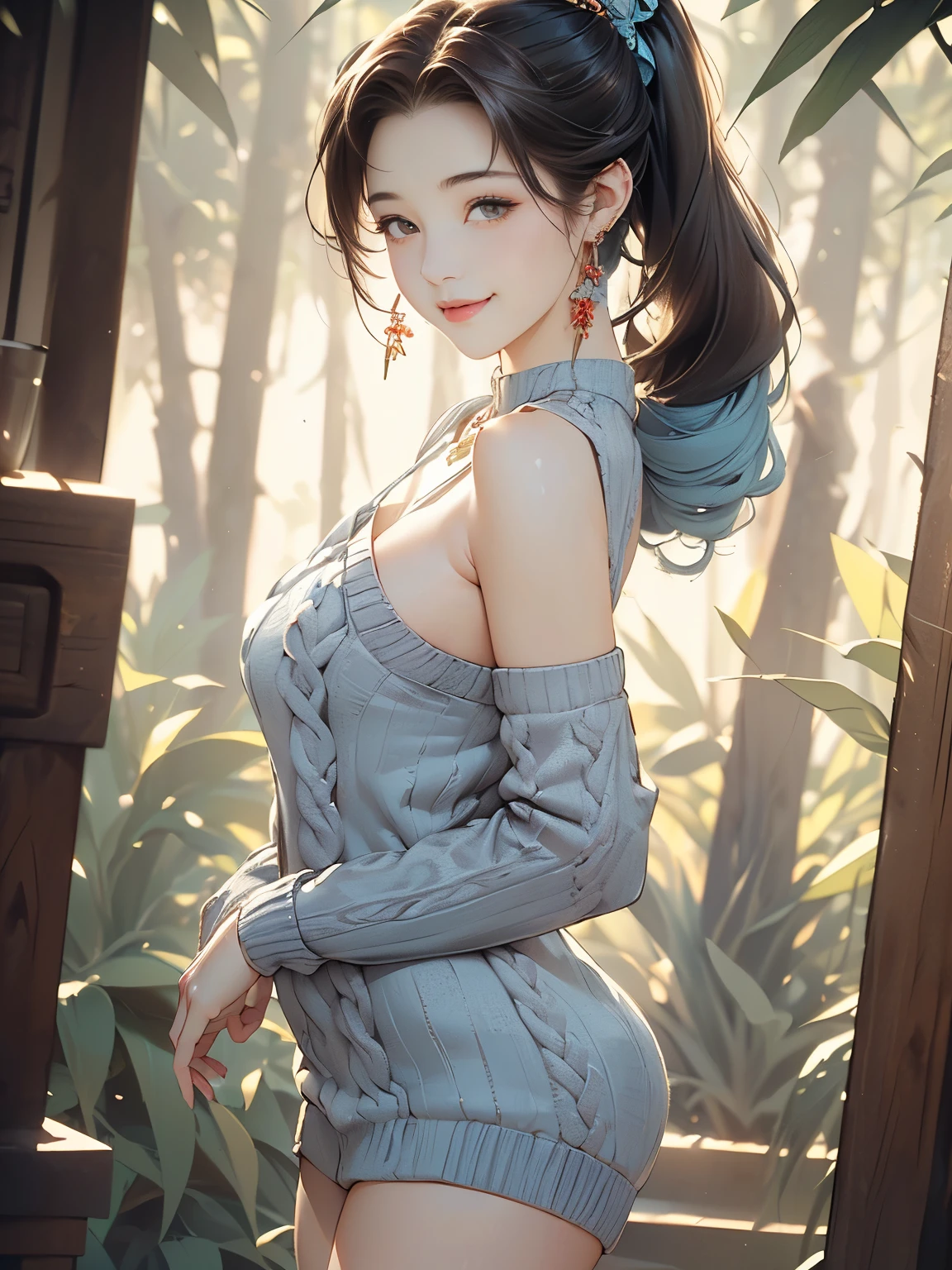 ((((highest quality))))、(((Ultra-precision CG16K wallpaper)))、(((masterpiece)))、(((Super detailed)))、(((super extreme details)))、((１people&#39;s women))、mature woman、24 year old woman、(((clarity、detailed face:1.6)))、((Japanese face))、((very beautiful face))、((Mai Shiraishi:1.5))、((straight long ponytail hair、blunt bangs:1.5))、(shiny brown hair)、((Big eyes with double eyelids))、beautiful delicate eyes、brown eyes、raised eyebrows、high nose、small nostrils、small mouth、seductive lips、beautiful breasts、((C cup size breasts))、cleavage、plump body、(Chubby body type)、perfect proportions、perfect anatomy、perfect composition、beautiful detailed shading、beautiful natural lighting、beautiful detail glow、Depth of the bounds written、(((High chroma)))、(((real:1.9)))、((vivid:1.5))、((edge:1.6))、((beautiful skin))、((skin texture))、((realな皮膚感))、(((thigh-high cowboy shot:1.6)))、((front angle:1.8))、((A shy, smiling face:1.5))、(Eyes looking at me:1.5)、Bright daylight、Natural light、(((in the forest:1.5)))、(Walking pose:1.5)、(((V-neck rib knit long sweater_light blue color clothing:1.6)))、((earrings、wearing necklace:1.3))、