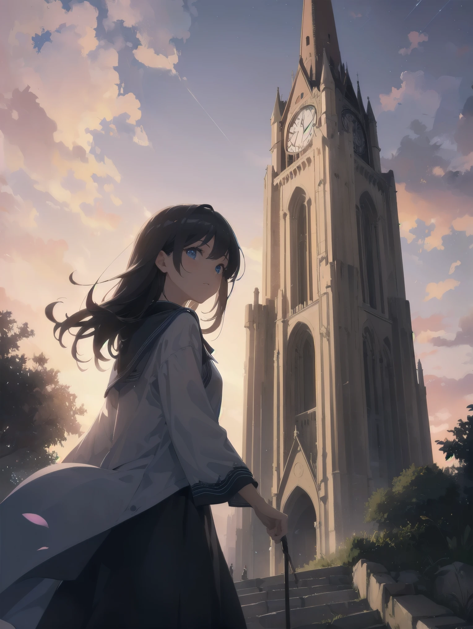 Girl looking up Scene 1: Twilight tower shadow The girl stands quietly against the sky, which is dyed an azure colour. Towering up in front of her is a huge structure called the Tower of Babel. Its form, which seems to pierce through the clouds, seems as if it is about to reach the heavens. The girl's gaze is directed towards the top of the tower. The tower, shrouded in evening darkness, creates a fantastic atmosphere. The surface of the tower is engraved with intricate patterns. It looks like ancient writing. The girl seems to sense something deep within the tower. Is it the memory of a masterpiece story or a longing for an unknown fantasy world? Scene 2: Memory of the starry sky The girl stands at the top of the tower amidst countless twinkling stars in the night sky. At her feet, the lights of the city shine like jewels. The girl closes her eyes and takes a deep breath. The scent of the night breeze is mixed with the old smell of the tower. The girl's mind replayed a famous story. It was a story of adventure and friendship that the girl read as a . The hero of the story, like the girl, climbed the Tower of Babel. There, she meets her friends and overcomes various difficulties. The girl dreamed that one day she, like the hero, would go on an adventure. Scene 3: The promise of the morning glow The girl left the tower just as the light of the morning sun was illuminating it. Looking back, the tower shone in the morning sun and even looked divine. The girl decides that one day she will climb this tower again. And when she does, she vows to spin out the rest of the masterpiece's story. Step by step, the girl walked into the future.
