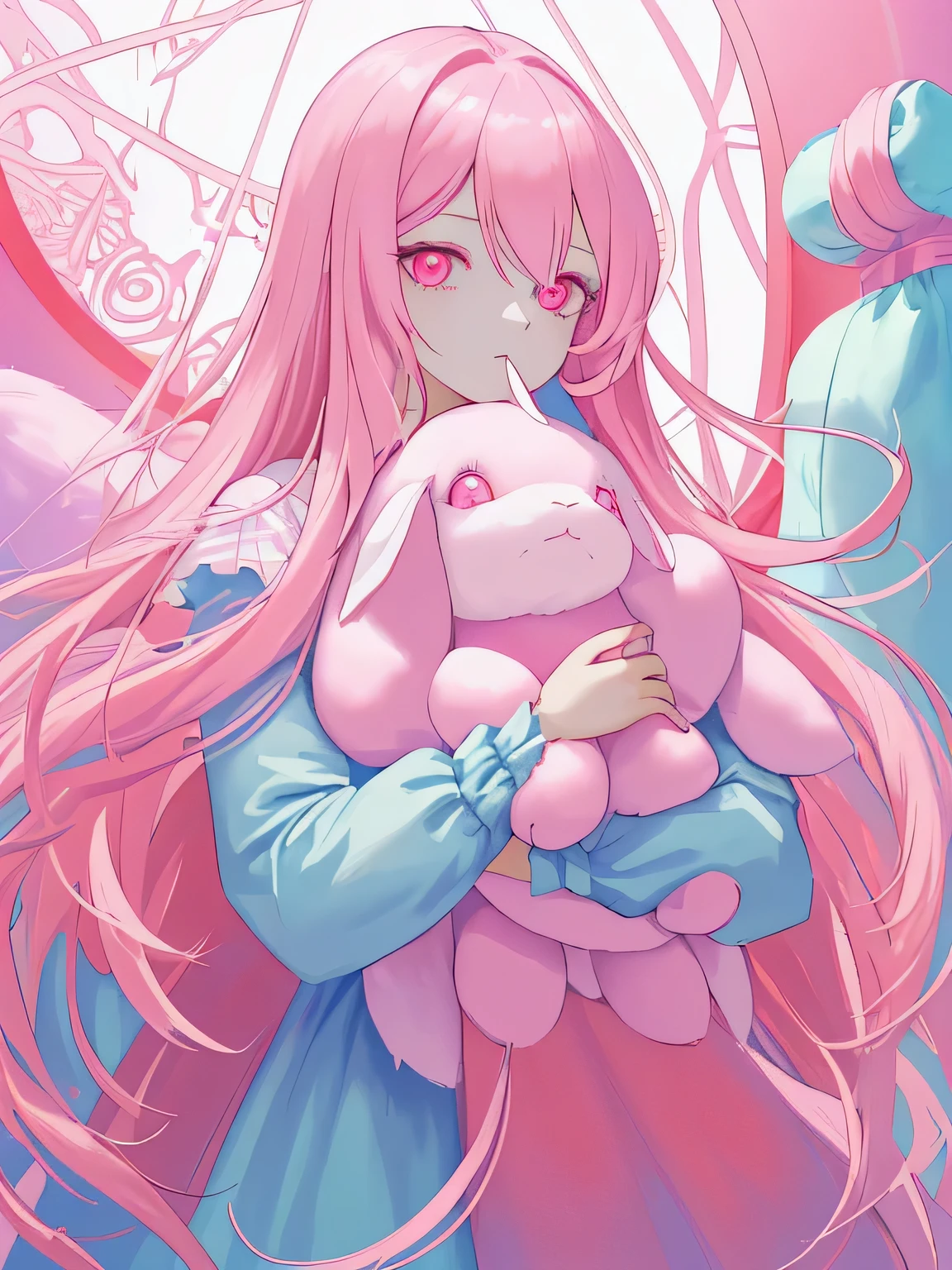 ((masterpiece, highest quality)), , 1 girl, big pink cardigan, pink sailor suit,pink mini skirt,:3, long twin tails, bangs, blonde,big white rabbit hair ornament,pink eyes,young girl,Are crying,,,small breasts big eyes,droopy eyes,troubled eyebrows,,loafers,White Calf Socks,Hugging a big stuffed rabbit