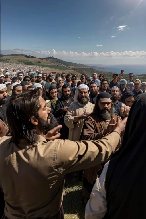  high definition image that depicts the mission of Christ&#39;s 70 disciples as described in the gospels. The setting should reflect the landscape of Palestine, com montanhas ao longe e uma vila antiga no horizonte. The sky must be clear and radiant, suggesting divine blessing upon your mission. 