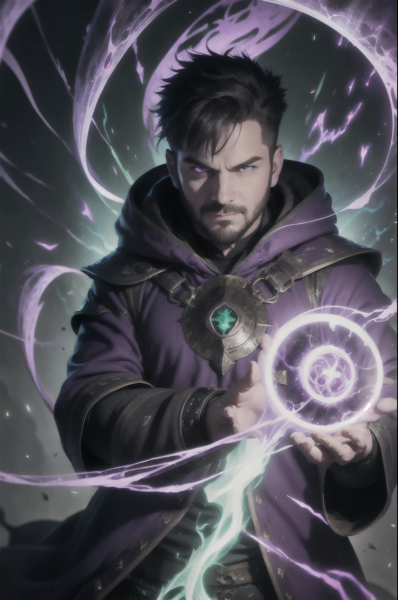 (1man, fat adult Scottish male:1.2), purple eyes, brown hair, undercut,
  looking down, solo, half shot, detailed background, detailed face, (V0id3nergy, empty theme:1.1) evil mage, black light armor robes, determined expression, green color scheme, dark green light, rock summoning circle, bright magic text, dark atmosphere, shadows, realistic lighting, floating particles, sparks, surrounded by purple ray casting spell, rock summoning,  (thick melted candles:0.8), purple arcane symbols, eyes hungry for power, bloom
SCG,