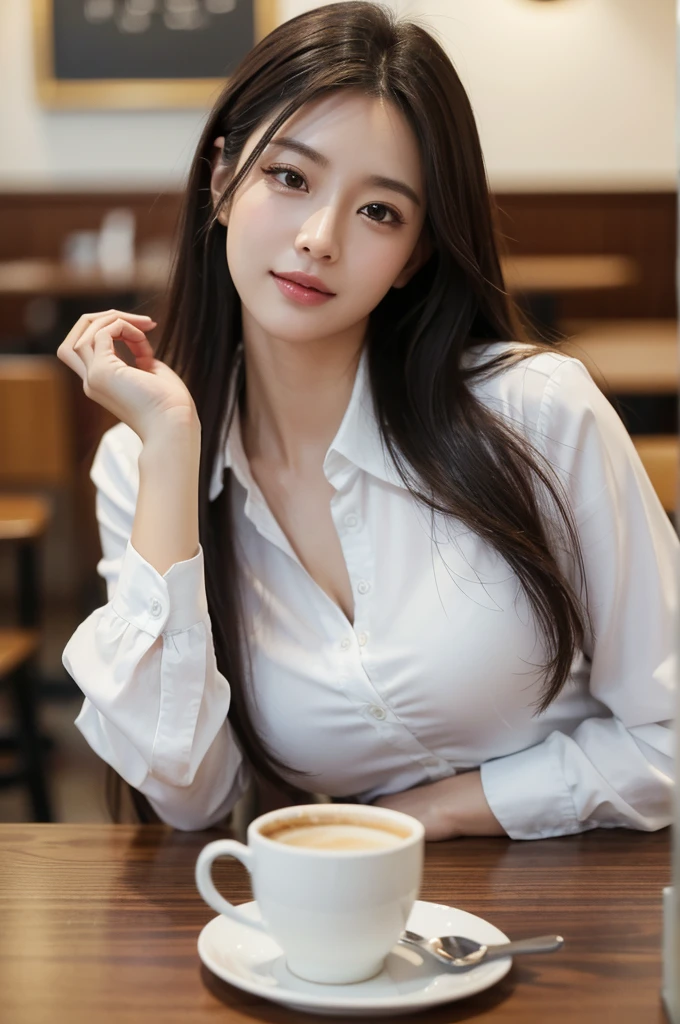 table top, highest quality, realistic, Super detailed, finely, High resolution, 8k wallpaper, 1 beautiful woman,In casual business attire, at the cafe, messy hair, perfect dynamic composition, finelyて美しい目、(((超highest quality, masterpiece))), (((very detailed)))