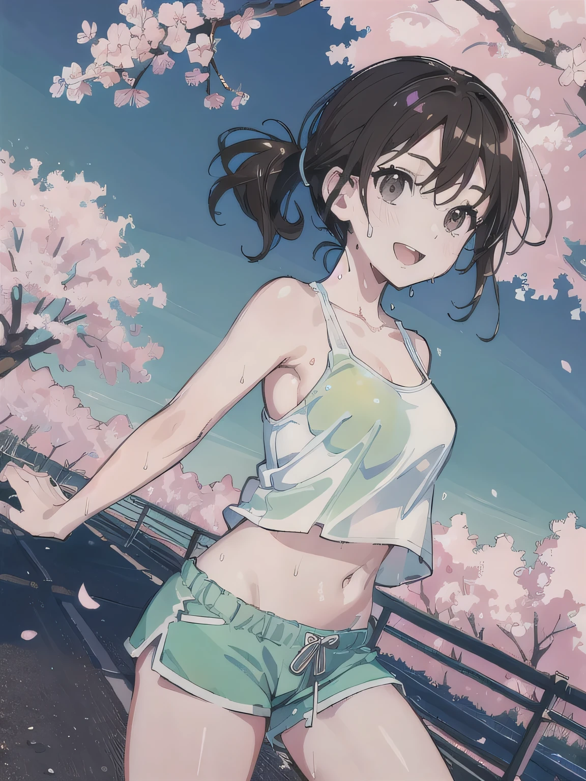 ((absurdres:1.5)), (anatomically correct), (white crop top), (green low rise shorts), (raw photo:1.2), (photorealistic:1.4), 1 cute girl, ultimate quality, masterpiece, extremely detailed CG unity 8k wallpaper, ultra-detailed, detailed puffy eyes and face, brown shiny eyes, (spotlight, perfect lighting, detailed light, dramatic shadow, ray tracing), ((cowboy shot)), (brown low ponytail), (((body dripping with sweat))), gross thick lips, high saturation, mega breasts, (((running away)), slender, ((:d)), digital painting, (fisheye), low angle from side, blurring cherry blossom scenery background, looking away, windy, revealing clothes, rainbow effect, (baby face), teenager