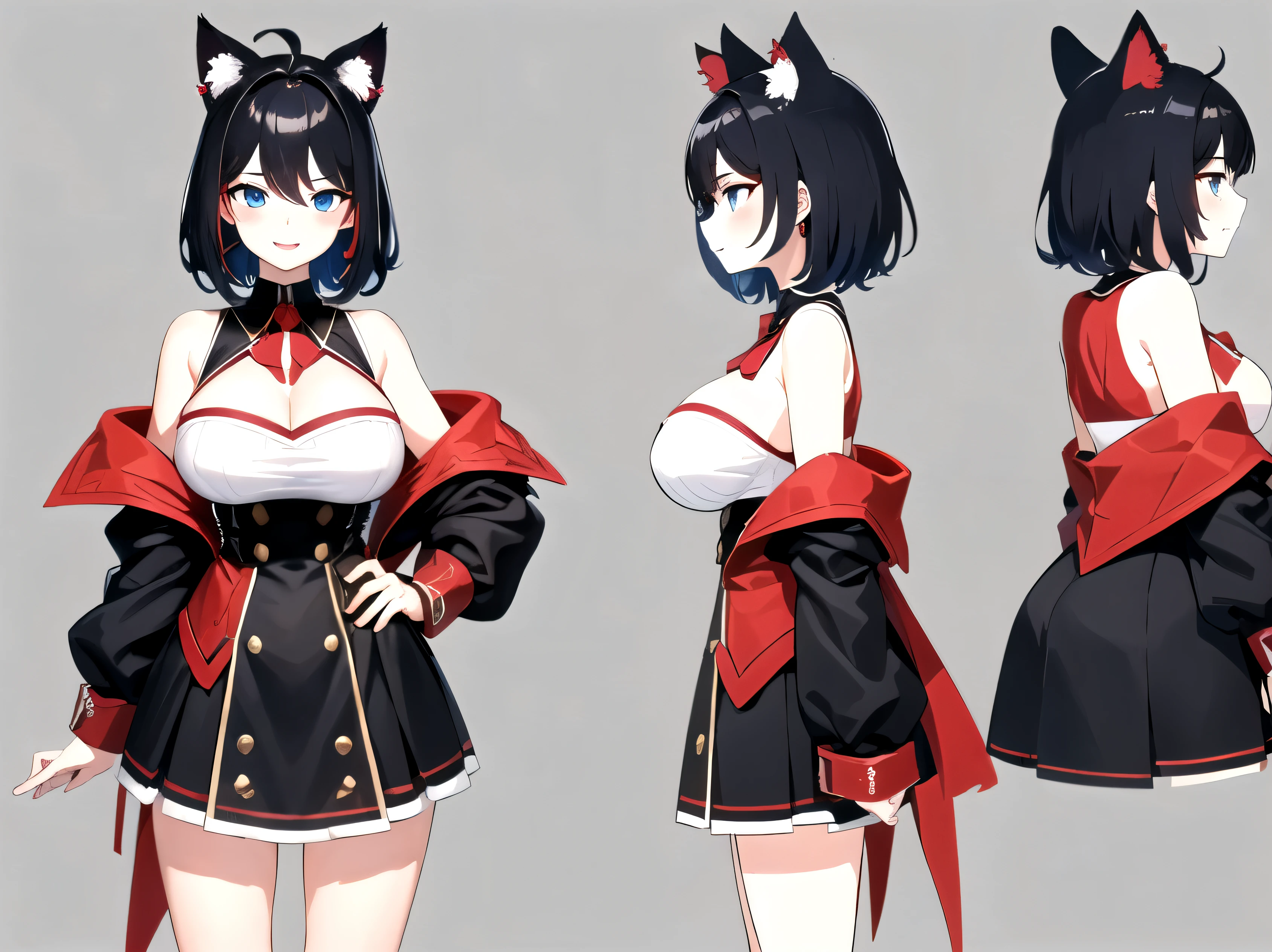 ((upright)), ((arm to the side)), looking at the viewer, simple background、white background, 1 girl, open your mouth, smile, Virtual YouTuber、with a girl、((highest quality, expensive_solve, clear_image)),(black hair), (black cat ears), (Ahoge), (ridiculously short hair), (wavy hair),Red earring color (blue eyes),、laughter、very big breasts、whole body、I can see the cleavage、Dressed in student uniform、character sheet,character reference sheet, character design sheet, ((View from the front, side view)) symmetrical elements of clothing,