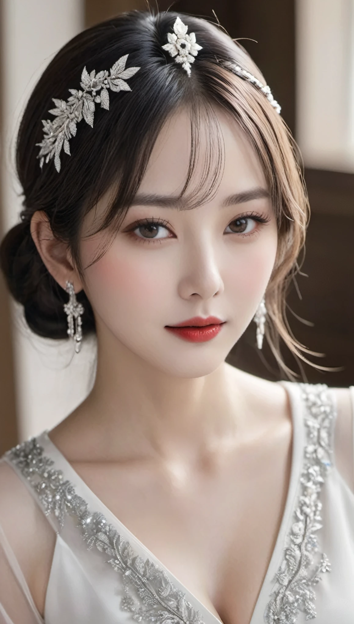 (((surreal woman)))、((とても美しい30歳の白人Female priest))、(((big big tits)))、(((Big big cleavage)))、Female priest、blonde mature、plump body shape、smile、middle-aged beauty 、Very delicate and delicate skin texture、Female priest、{(ancient ornate and luxurious temple)、(many torches are burning)}、red lips、fine scarlet eyes、(((Luxury and gorgeous silver outfit and luxurious accessories)))、Gorgeous and luxurious hair ornament、I have a shining platinum wand、