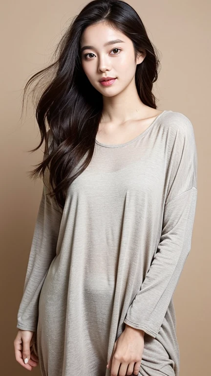 brown Background
Facial expression: calm expression,gentle smile, soft eyes,plump,okame
Hairstyle: long natural hair
Outfit: soft brown clothes
Posture: Standing calmly
Break
a girl,solo