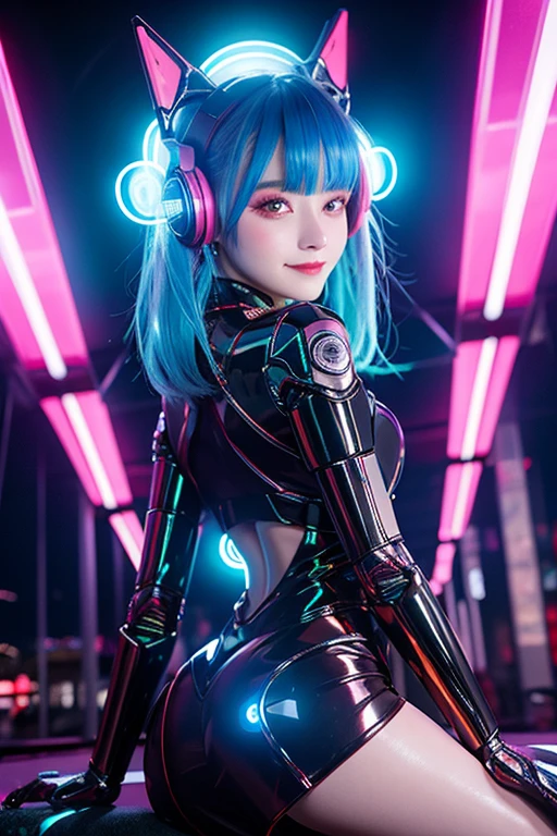 "A girl wearing a semi-transparent anime-style bodysuit with a lot of exposed skin, and flashy patterned shorts. Her entire skin is covered with art paint. She has a sexy face and figure. She is in a capsule that looks like a futuristic life support device, filled with light and switches glowing in various colors. The girl is looking up and making eye contact with the camera. She is turning her head to look back, slightly sticking out her butt, and I am looking down at her from a slightly elevated angle, with the composition centered around her face."