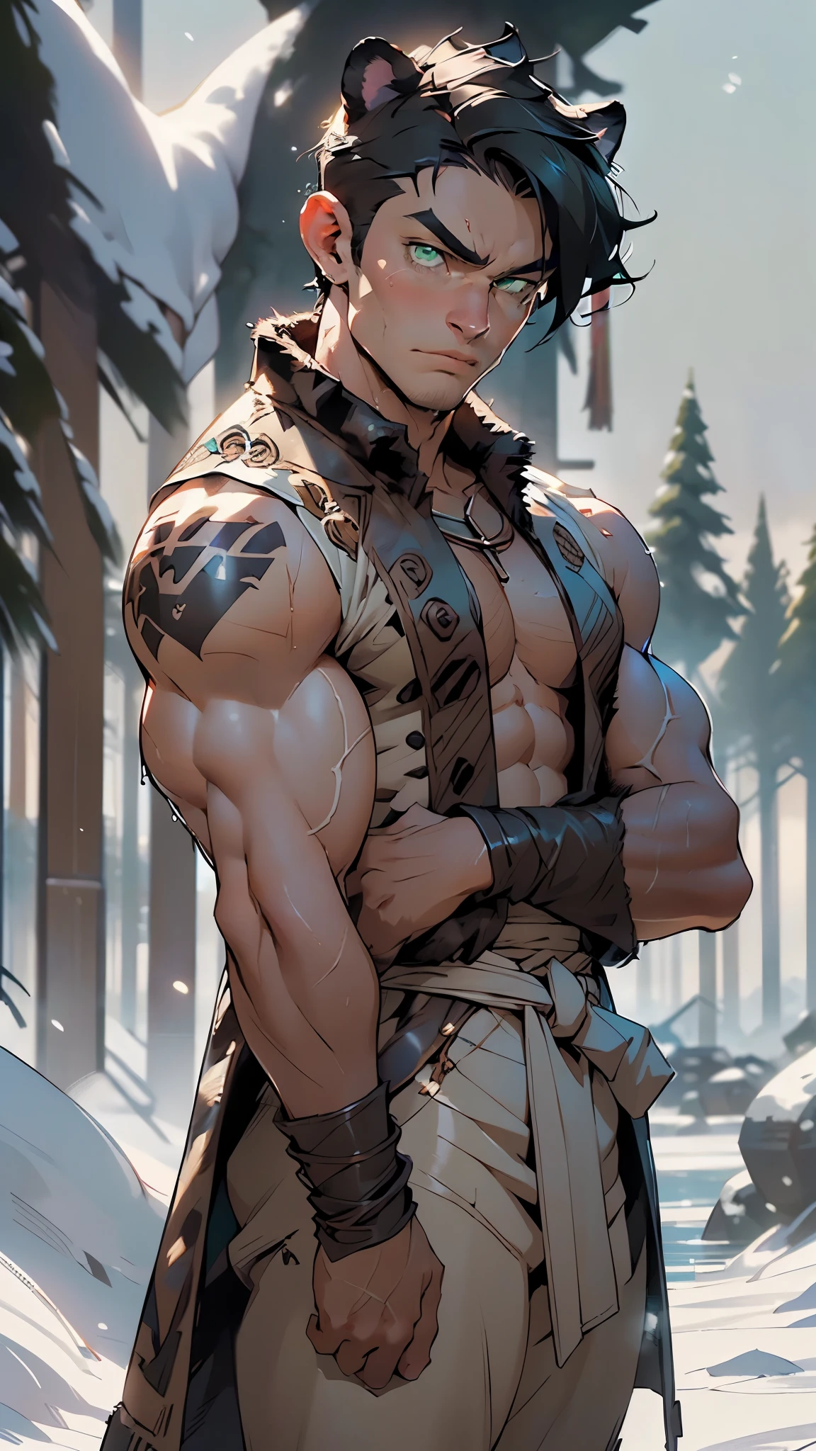 shirtless samurai man wearing short kimono standing on a snowy mountaintop, (neon rainbow iridescent hair:1.25), (fade haircut:1.25), samurai pants, samurai tattoos, yokai tattoos, age 24, lean muscles, upper body only, waist up only, revealing upper body, erotic, bare muscles, visible abs, visible pectoral muscles, muscular, tight body, tight muscles, narrow body, narrow waist, narrow hips, short stature, super colorful, magic particles, sky full of stars, fantasy katana made of rainbow glass