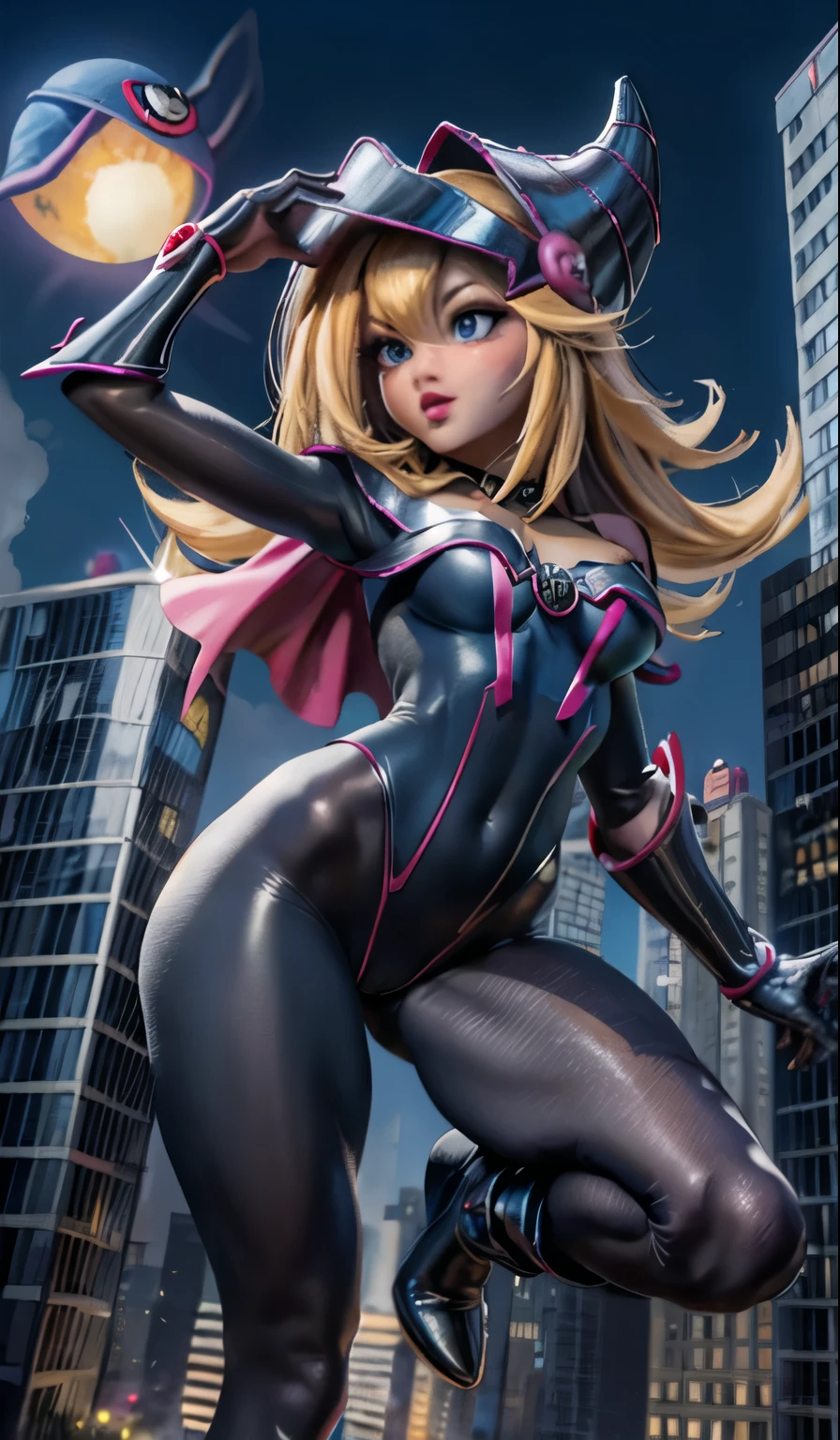 Dark magician gils spiderman version (obra maestra, 4K resolution, ultrarrealista, Muy detallado), (White superhero theme, charismatic, hay una chica en la cima de la ciudad, vistiendo disfraz de Spider-Man, she is a superhero), [ ((25 years), (pelo largo y rubio:1.2), cuerpo completo, (blue eyes:1.2), ( saltando de un edificio a otro), ((entorno urbano arenoso):0.8)| (paisaje urbano, por la noche, dynamic lights), (Luna llena))] # Explanation: The message mainly describes a 4K ultra high definition painting., Muy realista, Muy detallado. Shows a superheroine on top of the city., vistiendo un disfraz de Spider-Man. The theme of the painting is a superhero theme. Pose sensual y inocente 