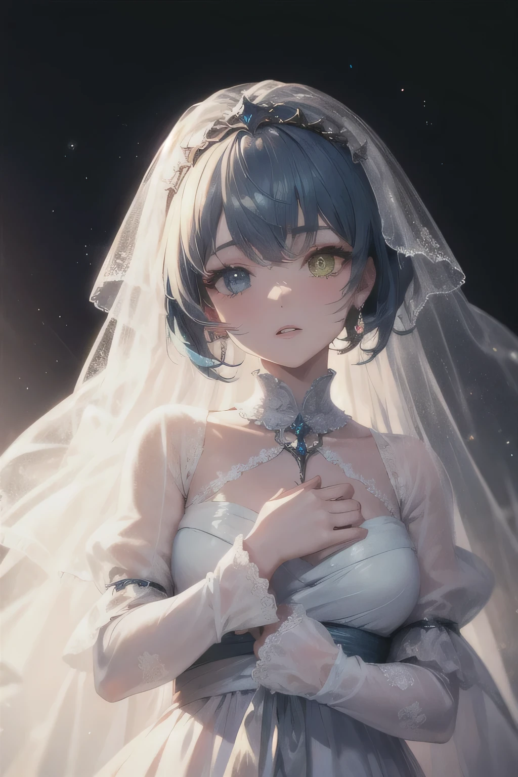 sakimichan style, wlop style, portrait, finely detailed face, beautiful woman, plump lips, opaque veil, medieval veil, headrail, 12th century, heterochromia eyes, iridescent eyes, medieval clothing, bliaut, lord of the rings gown, close to perfection, beautiful anime style, character panorama, clean and detailed face, glowing shadows, beautiful gradients, depth of field, clean Graphics, high quality, high detail, high definition, Luminous Studio graphics engine