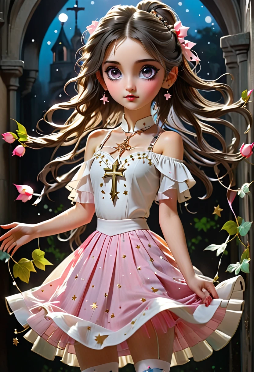 ((Shining above a girl's hands is a floating silver gothic crucifix)) She is wearing a white dress  with off shoulder straps  covered in small  gold stars, ((covering  the top of the dress is a pink bolero )) sshe wears a  long blue and white mix triple pleated gypsy skirt on her feet is black and pink. Polkadot socks, Her big eyes are brown, her black,  long hair is tied back in pony tail with Wide brown hairbands from leaves