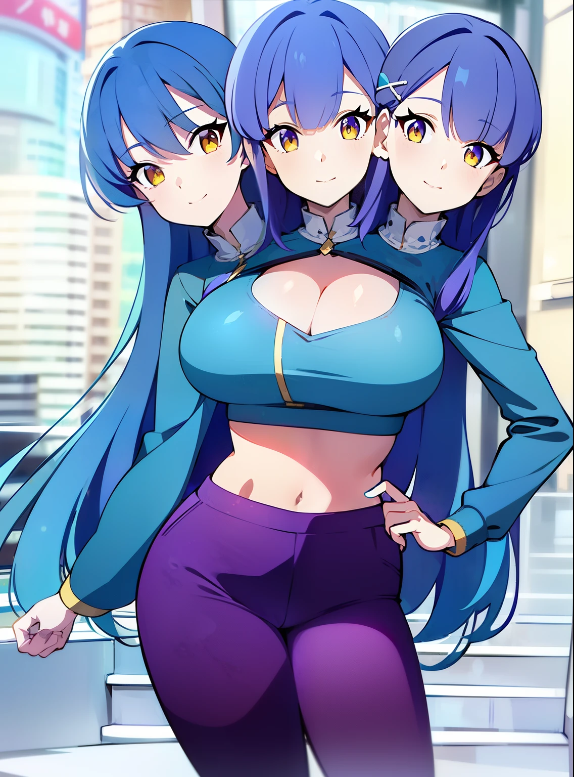 (masterpiece),(ultra-detailed), (high quality), (high resolution), (best quality:1.5, highres, UHD), highres, absurdo, ultra detail, ultra quality, ((2heads:1.5)), 1girl, (long hair), ((light blue hair)), ((purple hair color)), ((orange eyes)), (purple pants), ((cheerful)), ((air-headed)), ((mature woman)), smooth and lustrous skin, ((beautifully tall and slim woman)), futuristic city, gentle smile, city background, ((side bang)), revealing clothes, open v chest clothes, anime full body illustration, female outfit, ((wearing a blue sexy cropped top)), single character full body, anime vtuber full body model, female anime character, wearing casual clothes, blue jacket over bare torso, full body details, ((detailed eyes)), hair clips