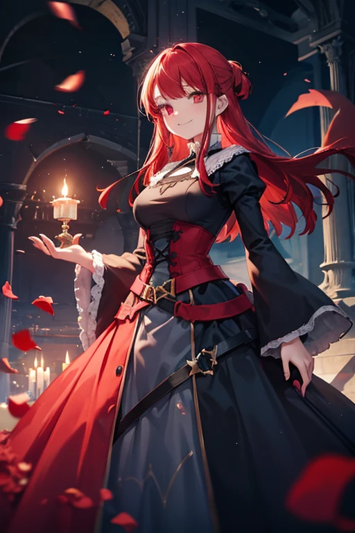 A red haired female witch with red eyes with an hourglass figure in a victorian dress is smiling in a flurry of rose petals