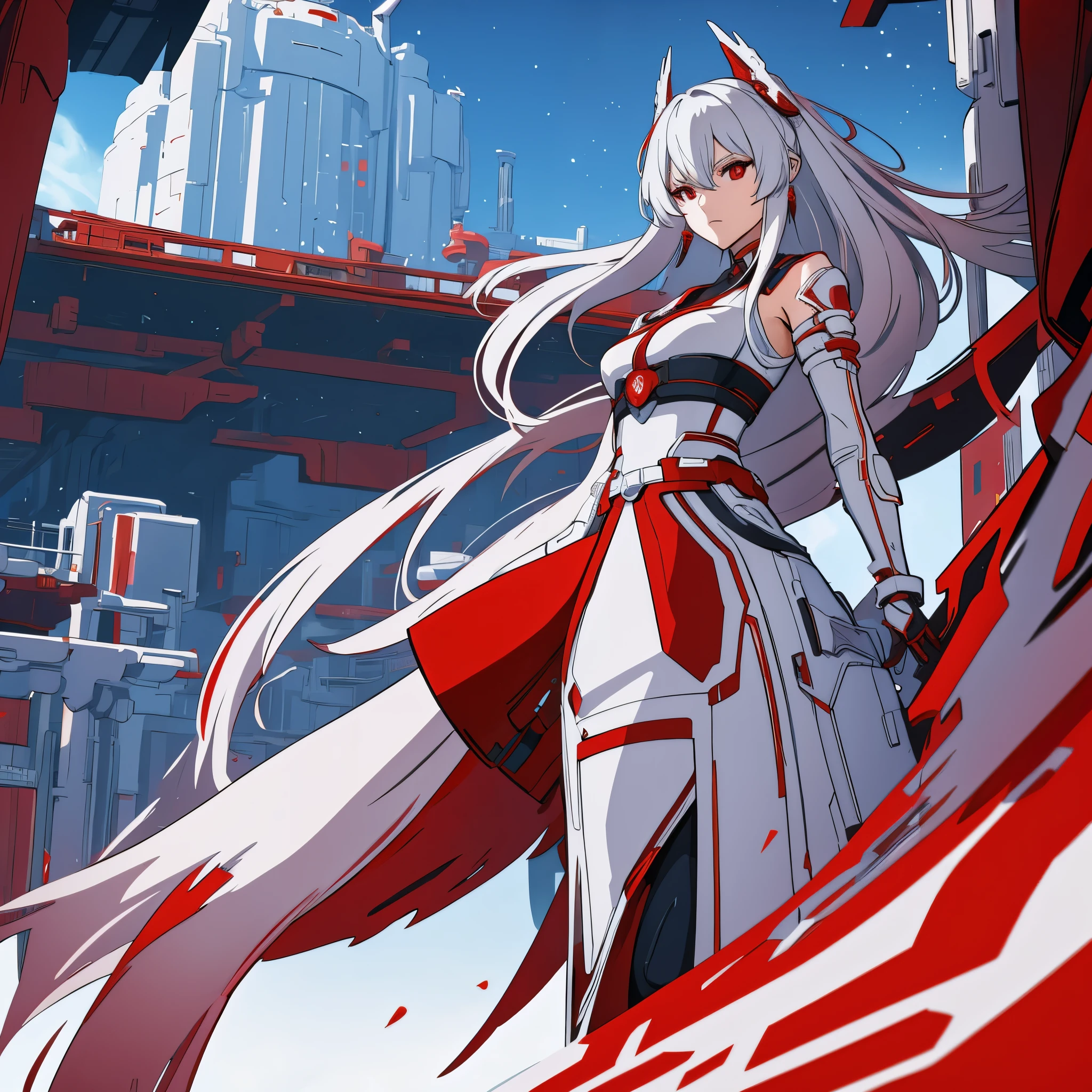 A woman in red samurai clothing, silver hair, red eyes, on a white futuristic platform, sky with stars, various background structures,very detailed, ultra resolution, masterpiece. 8k hd
