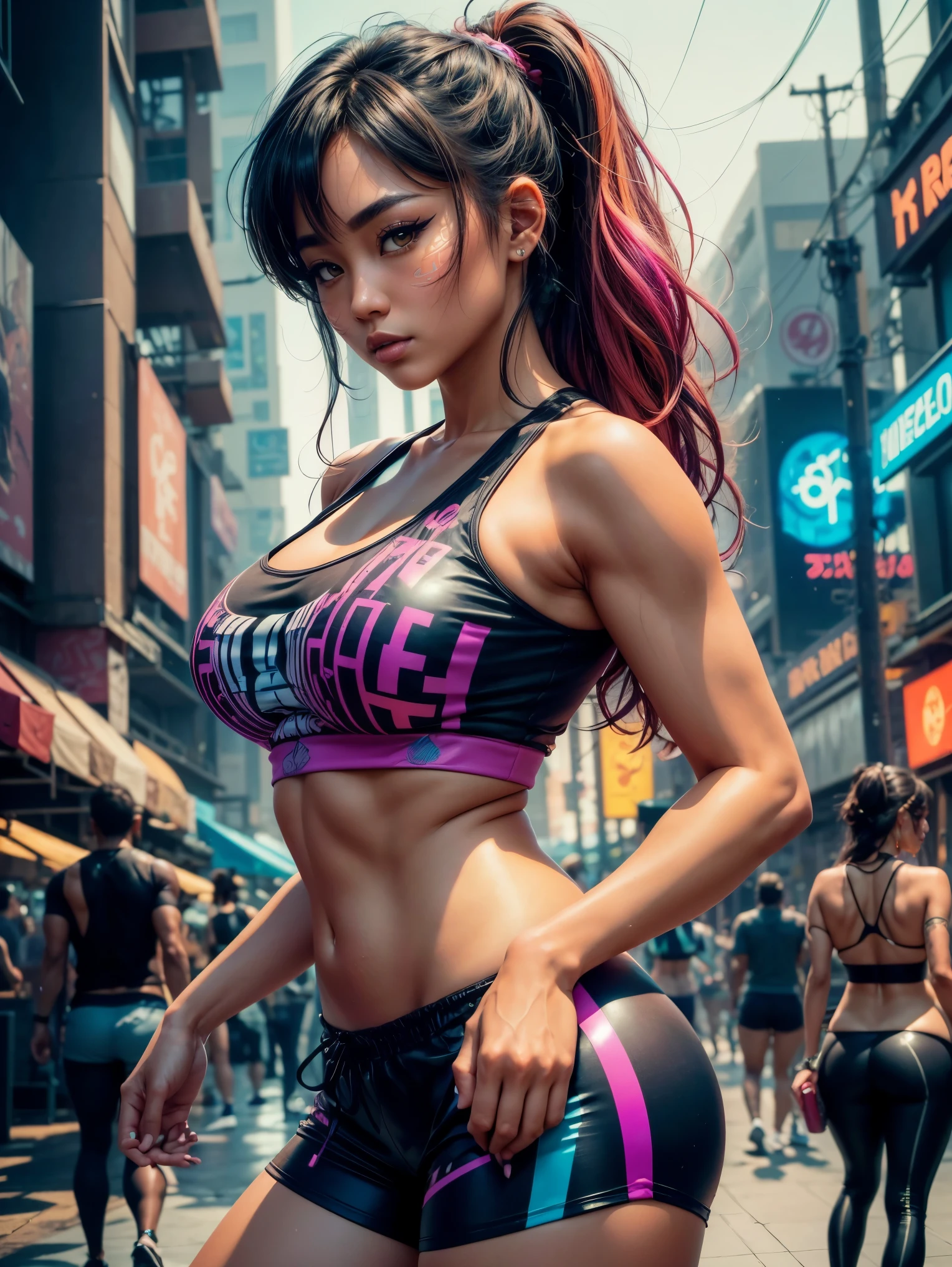 (Sexy aesthetic tanned Polynesian|Asian woman, 1girl:1.2, thicc hourglass figure, perfect eyeliner:1.2), (masterpiece:1.4, best quality), medium breasts, unity 8k wallpaper, ultra detailed, (crowded cyberpunk plaza background, wearing gym shorts and colorful tank top:1.3), alluring pose, upper body, ass, beautiful and aesthetic, detailed, solo