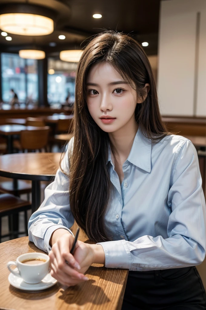 table top, highest quality, realistic, Super detailed, finely, High resolution, 8k wallpaper, 1 beautiful woman,In casual business attire, at the cafe, messy hair, perfect dynamic composition, finelyて美しい目、(((超highest quality, masterpiece))), (((very detailed)))