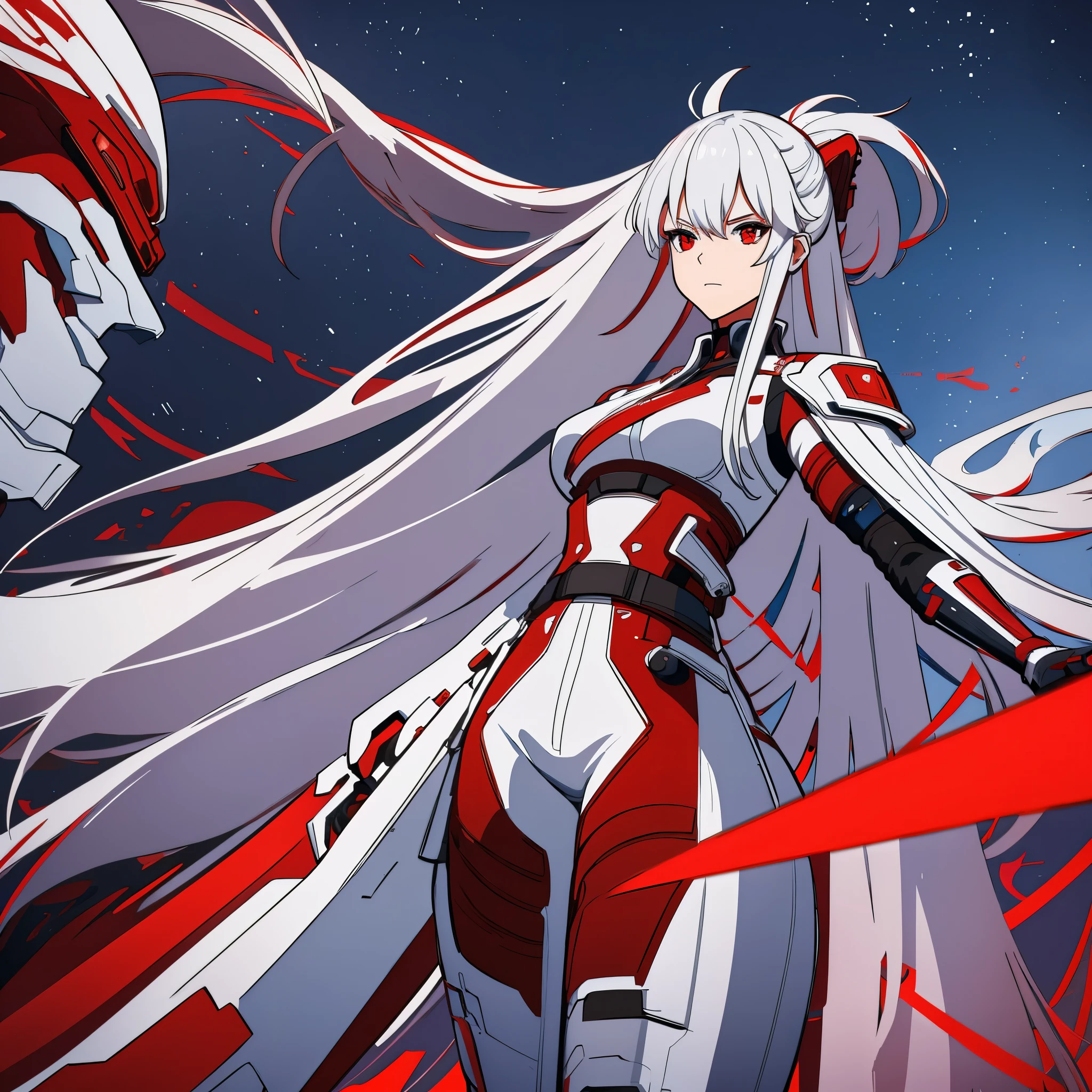 A woman in red samurai clothing, silver hair, red eyes, on a white futuristic platform, sky with stars, various background structures,very detailed, ultra resolution, masterpiece. 8k hd
