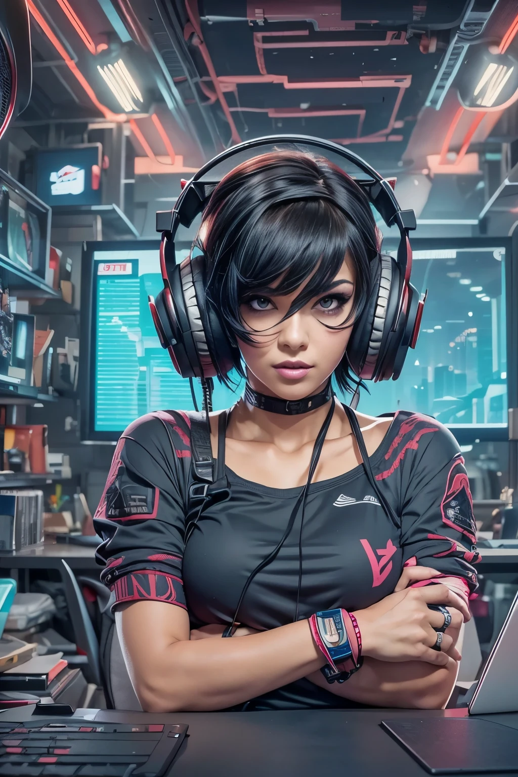 4 cards cartoon style, cyberpunk, short hair, thick eyebrows, digital punk, anime style 4K, short sleeve gaming clothes, black hair, computer room, overhead gaming headset